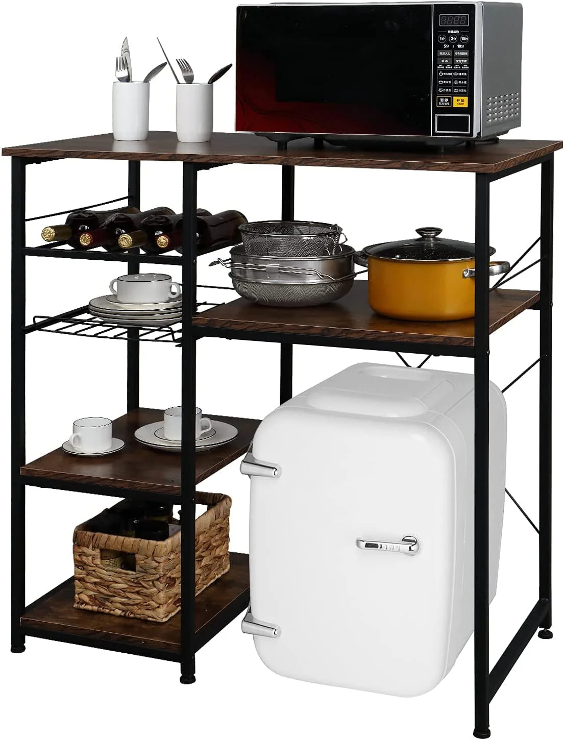 Microwave Stand 4-Tiers Kitchen Storage Fit Mini Fridge Baker¡¯s Rack Shelving Utility Coffee Bar with Big Drawer Wine Rack Metal Frame Industrial Workstation Organizer Kitchen Decor