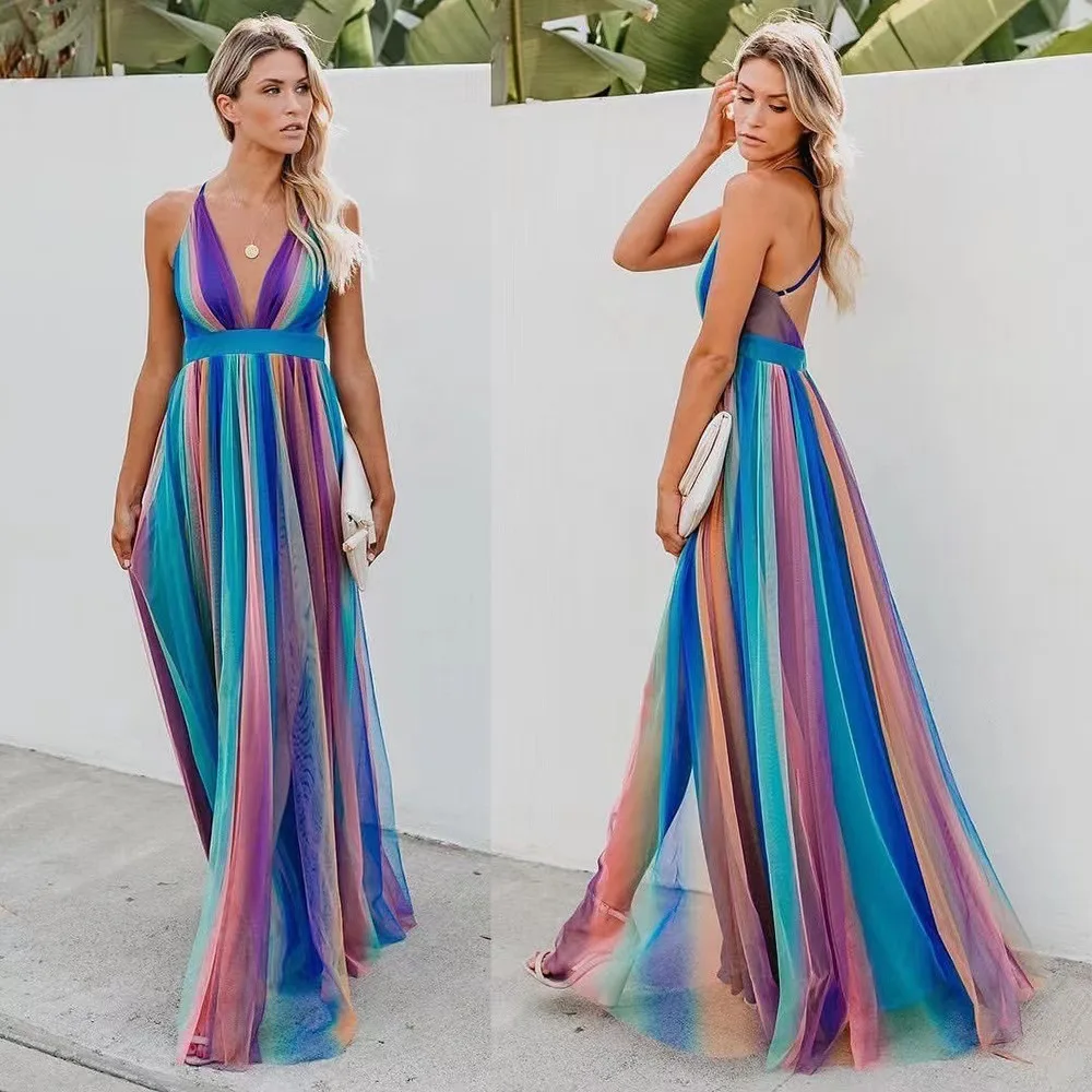 Rainbow Chiffon Spaghetti Strap Dresses Women Sexy Deep V-neck Backless Long Dress Fashion Elegant Ladies Evening Party Vestidos - AZJHJ