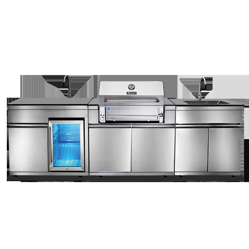 Vimo Sheng High-End Modern Outdoor Kitchen Stainless Steel Powder Coated Charcoal BBQ LPG 3-Burner Flame Safety Easily Assembled