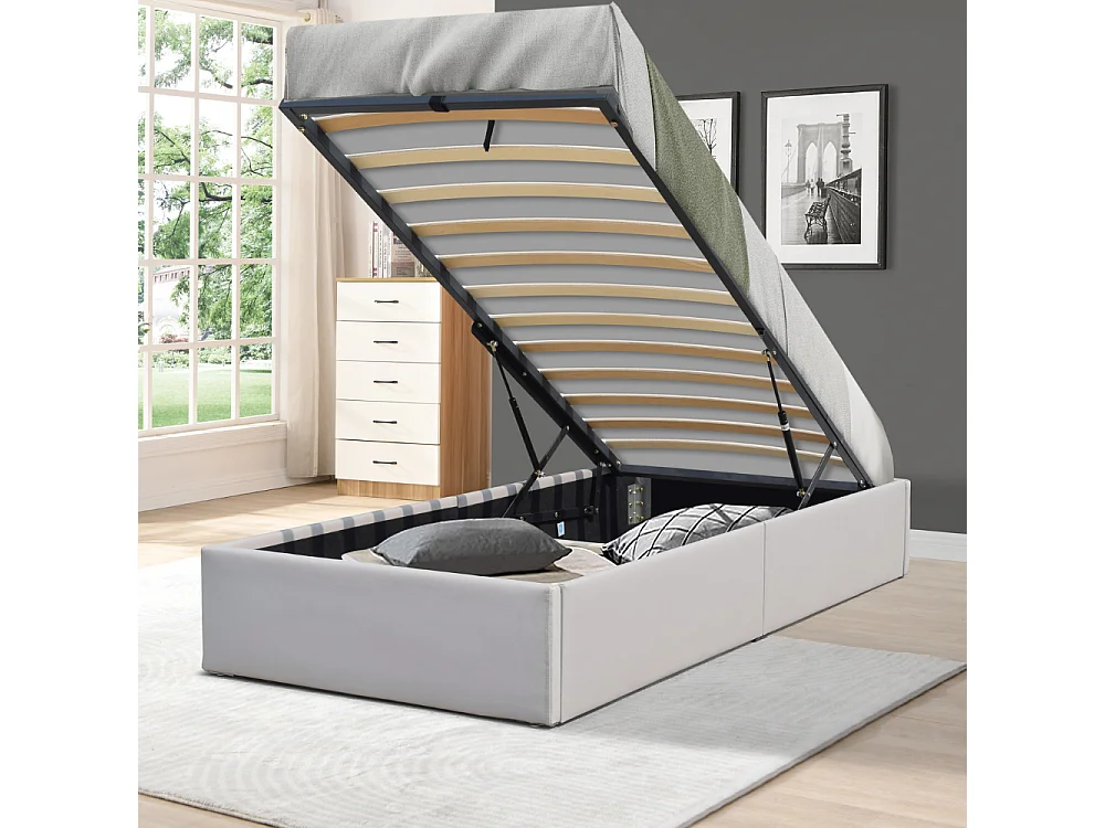 Lit Coffre Gris Loris 90x190 aux Pieds - Montage Facile et Entretien Simple Simili PVC