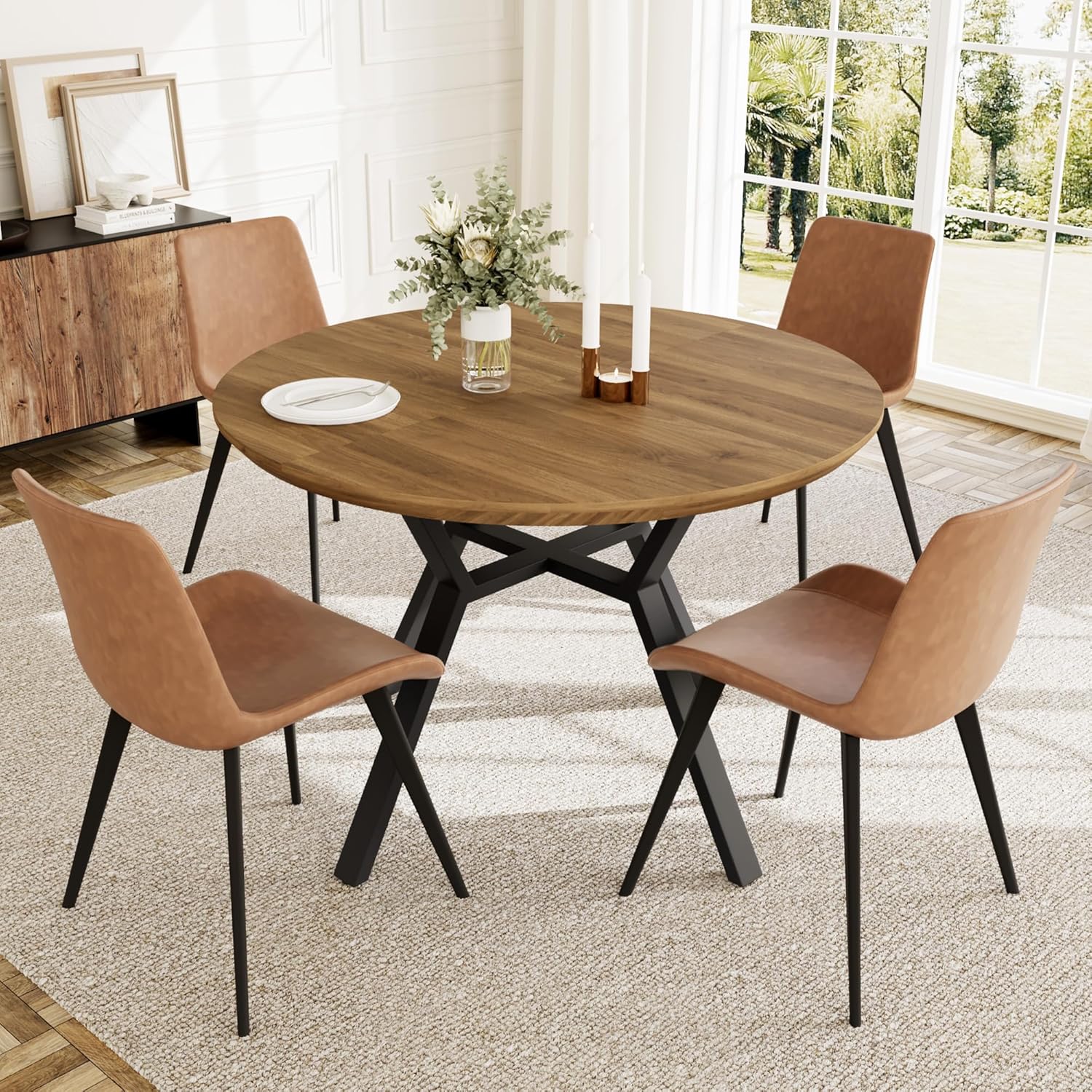 Extendable Round Dining Table Set for 4-6 People, 43.3