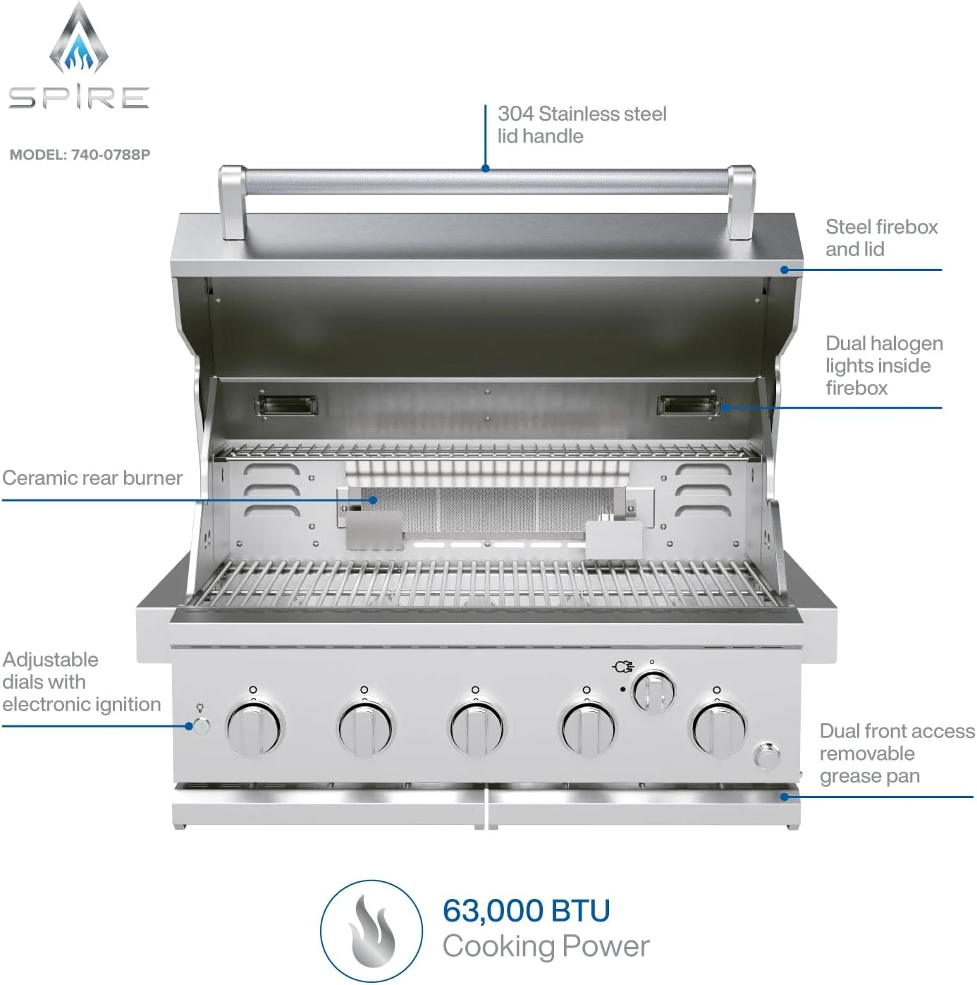 Spire 5 Burner Built-In Propane Gas Grill, Stainless Steel, 30 Inch, 750 SQ In, 63,000 BTUs - 740-0788P - Image 3 Spire 5 Burner Built-In Propane Gas Grill, Stainless Steel, 30 Inch, 750 SQ In, 63,000 BTUs - 740-0788P - Image 3