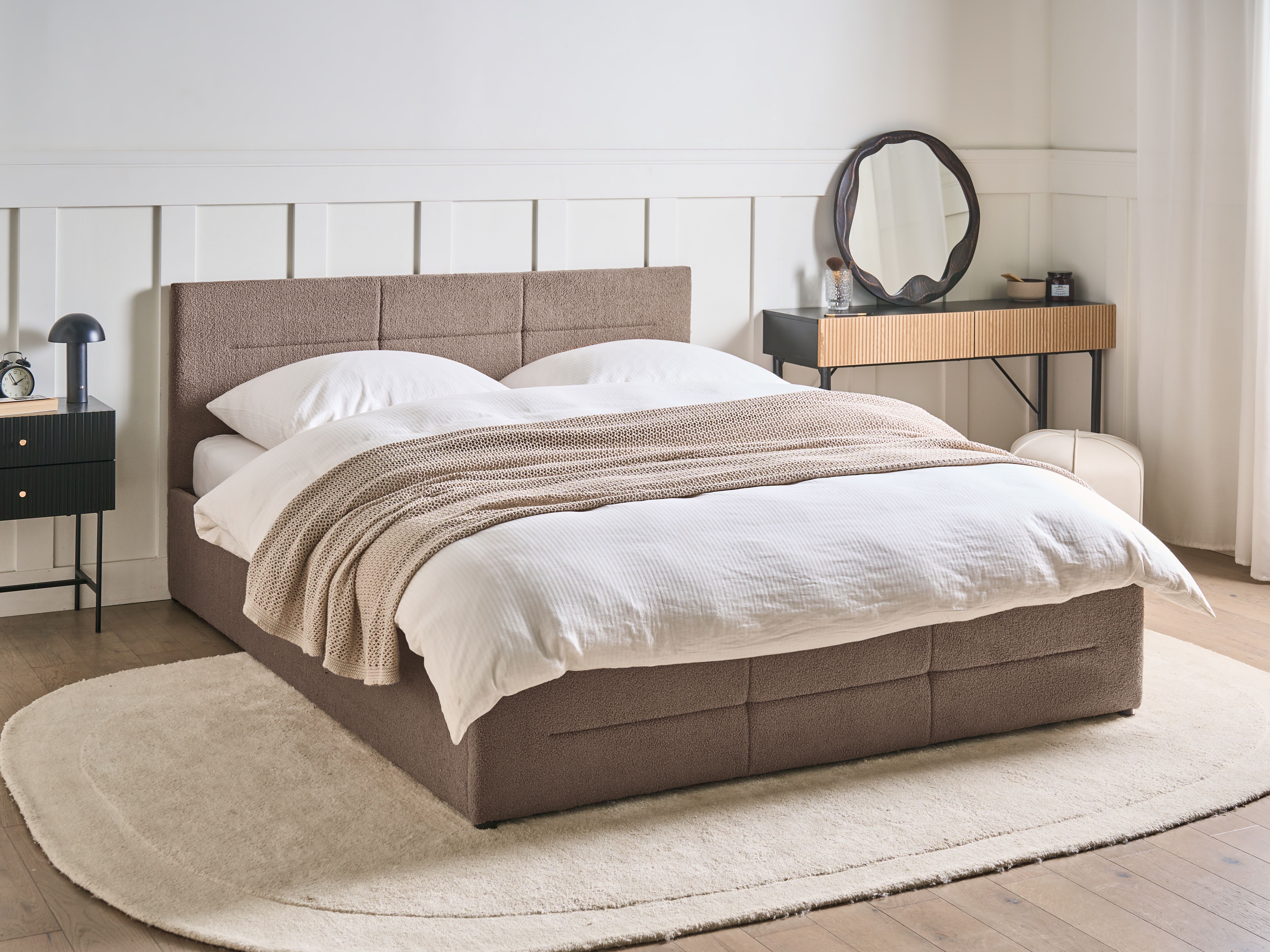 Ottoman Bed Boucle MASSOGNES 160 x 200 cm Taupe
