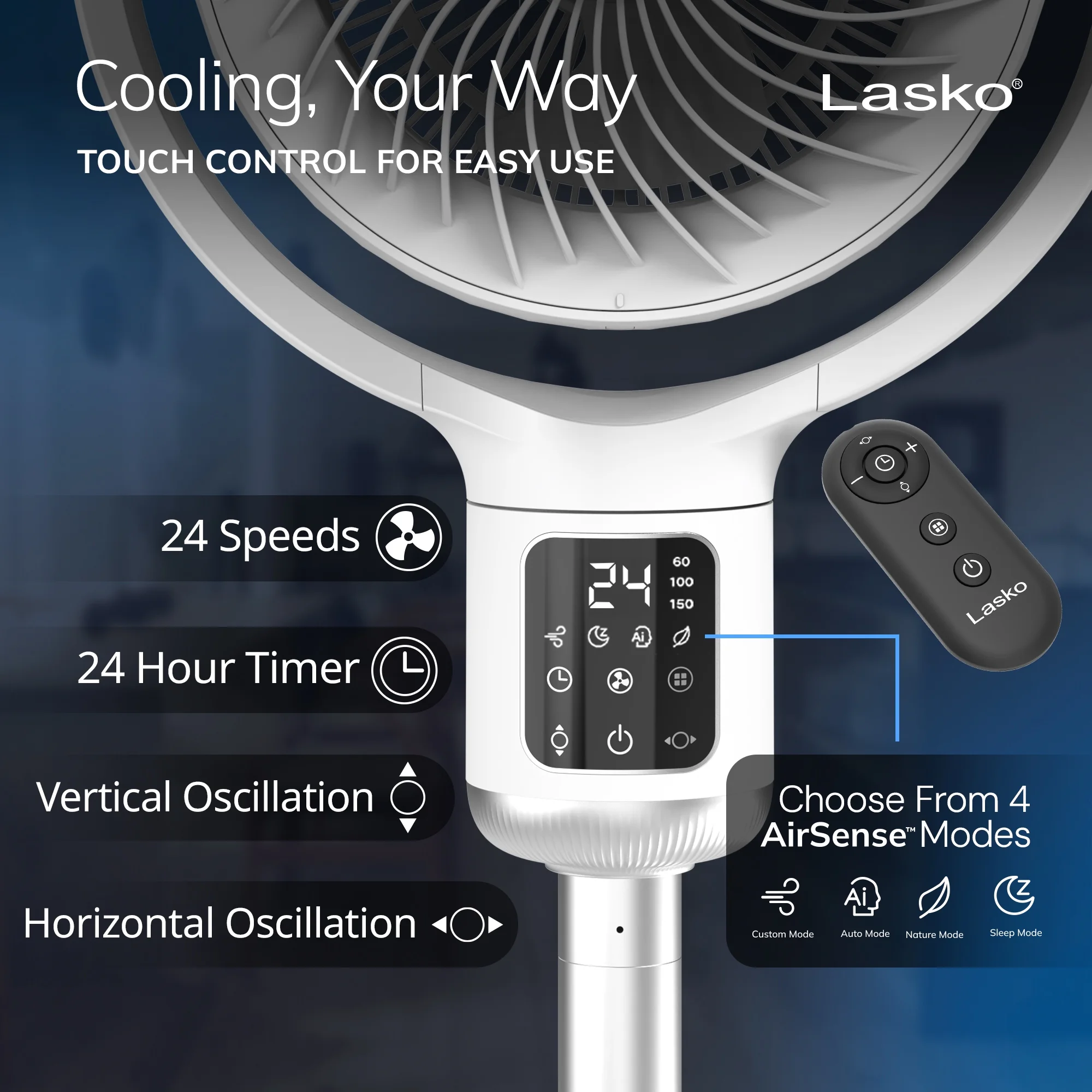 Lasko Whirlwind 7�� 24-Speed Orbital Motion 25ft/s Airflow Remote Control Pedestal Fan, APDC301 - Image 9