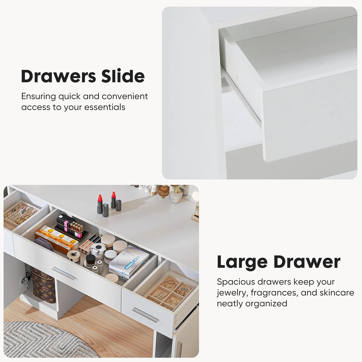 Blorly White Vanity Desk with Mirror, Makeup Vanity Table with LED Lights and Power Outlet, 3 Drawer, 4 Shelves, 1 Cabinet - Image 21