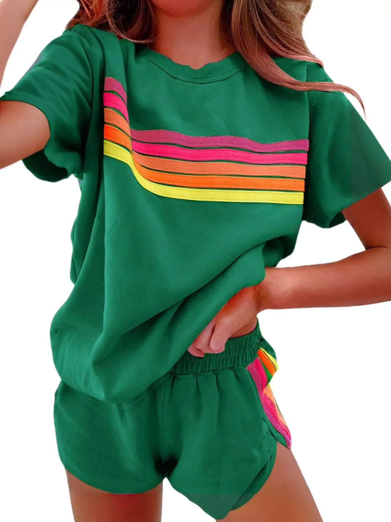 Rainbow Striped Round Neck Top and Shorts Set - ZKZOOK