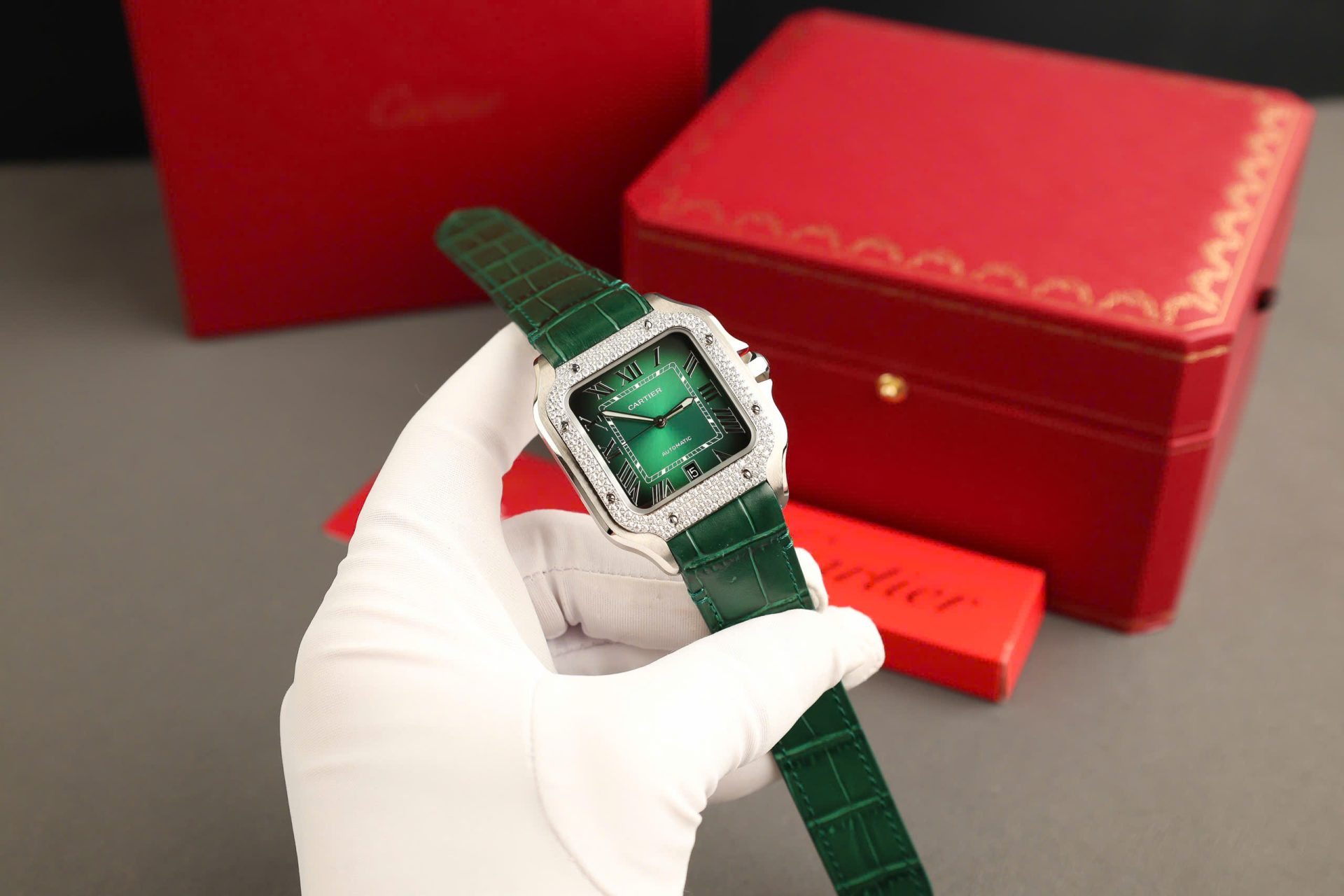Cartier Santos Green Copies Watch Custom Diamonds Moissanite BV Factory 39.8mm - Top club