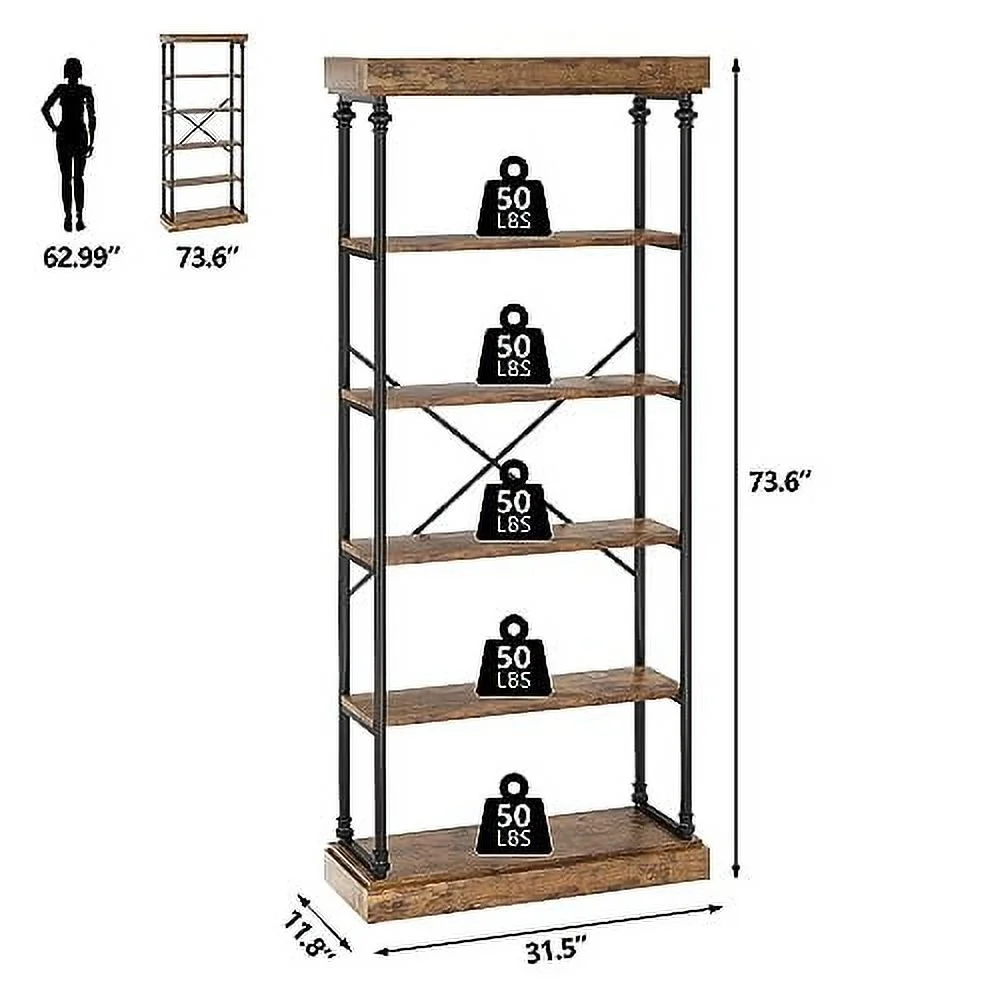 Maritcute 6 Tier Bookshelf Industrial Bookcase Wood Storage Open Rack Shelf Metal Frame Rustic Tall Standing Bookshelves Large Vintage Display Rack for Bedroom,Living Room and Home Office