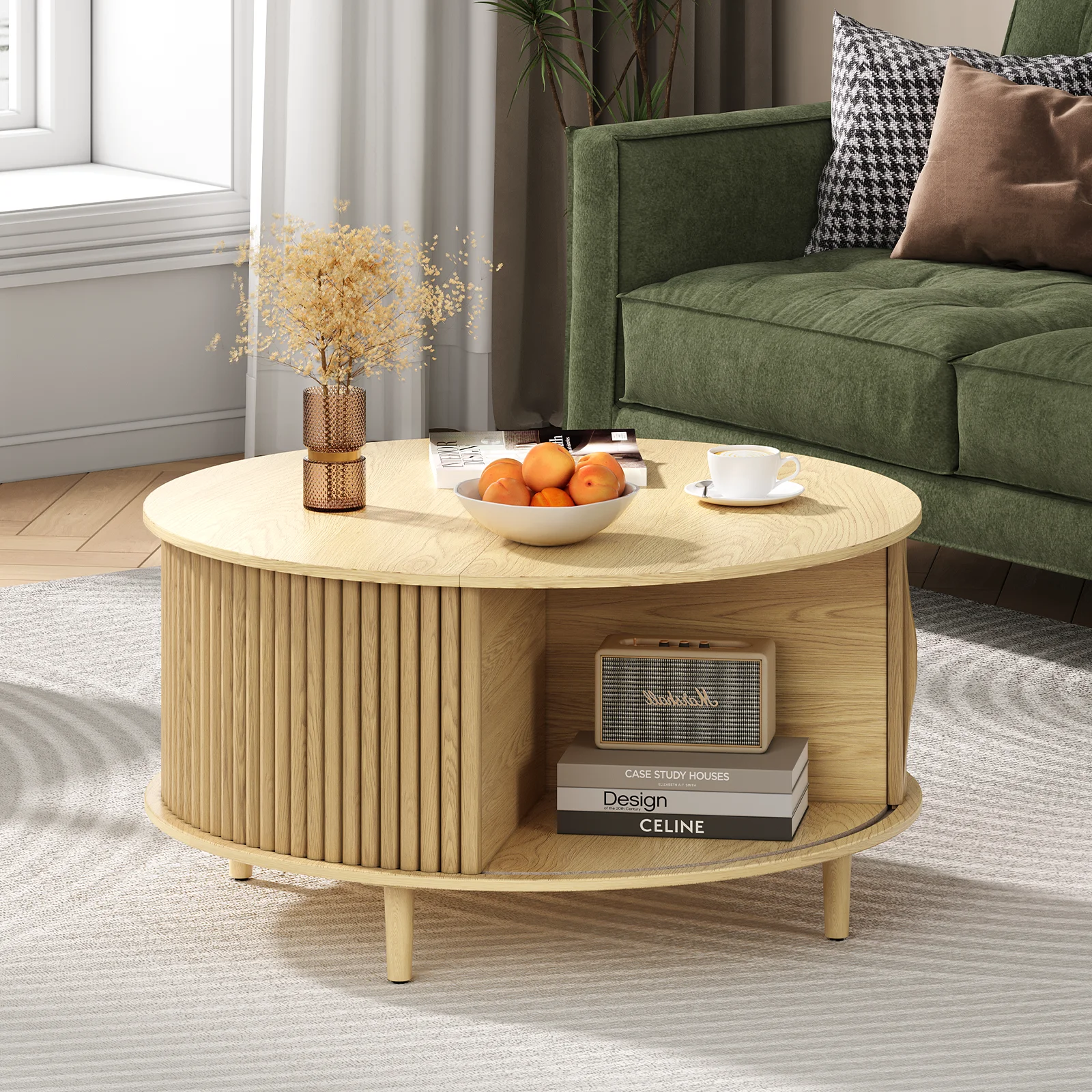 JOINICE Round Coffee Table with Storage and Sliding Door,Mid Century Modern Wooden Center Table,for Living Room,Walnut - Image 13