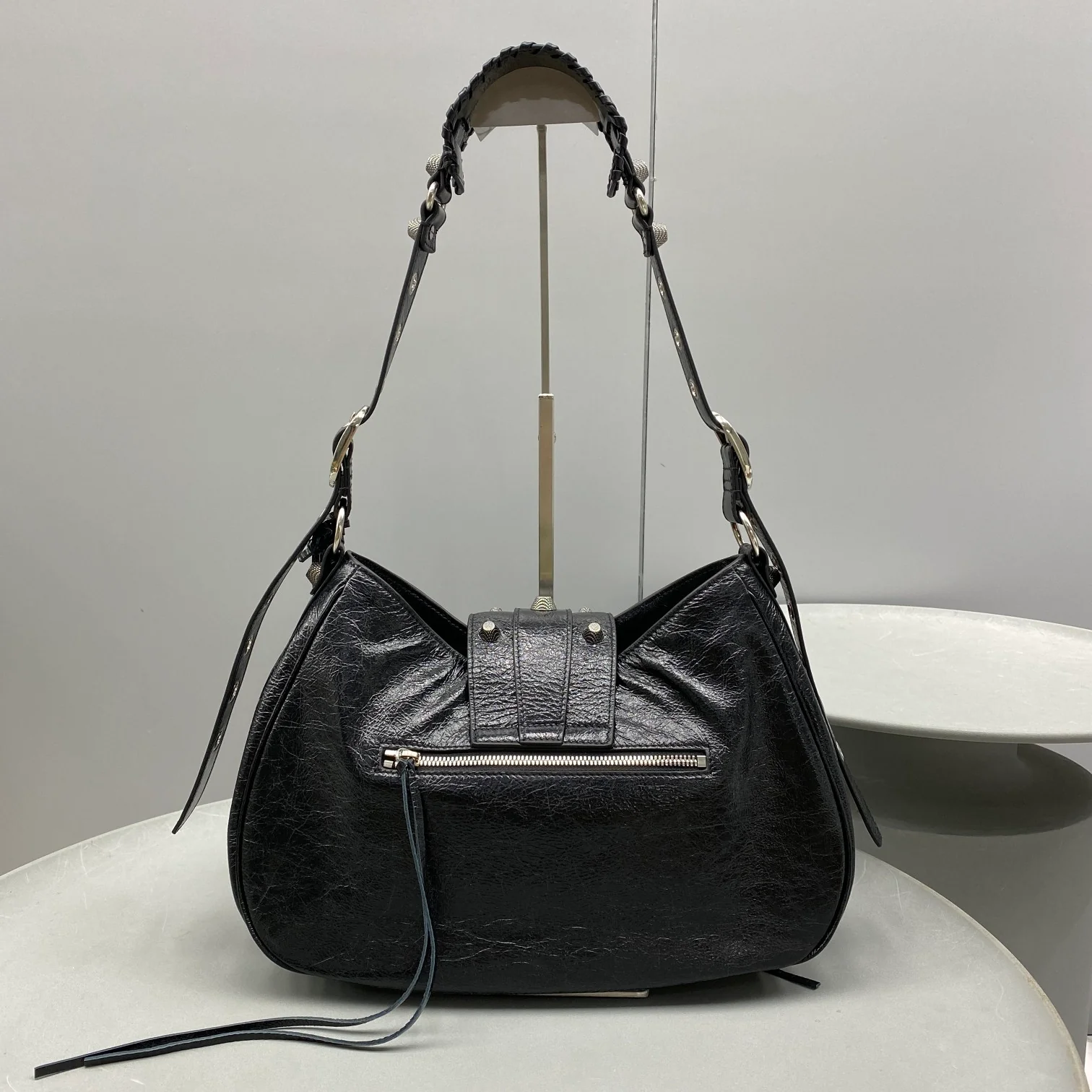 Black Balenciaga Studded Hobo Bag with Heart - Shaped Charm and Mini Pouch for Edgy Fashion Style No.3725 - Replicaclubs