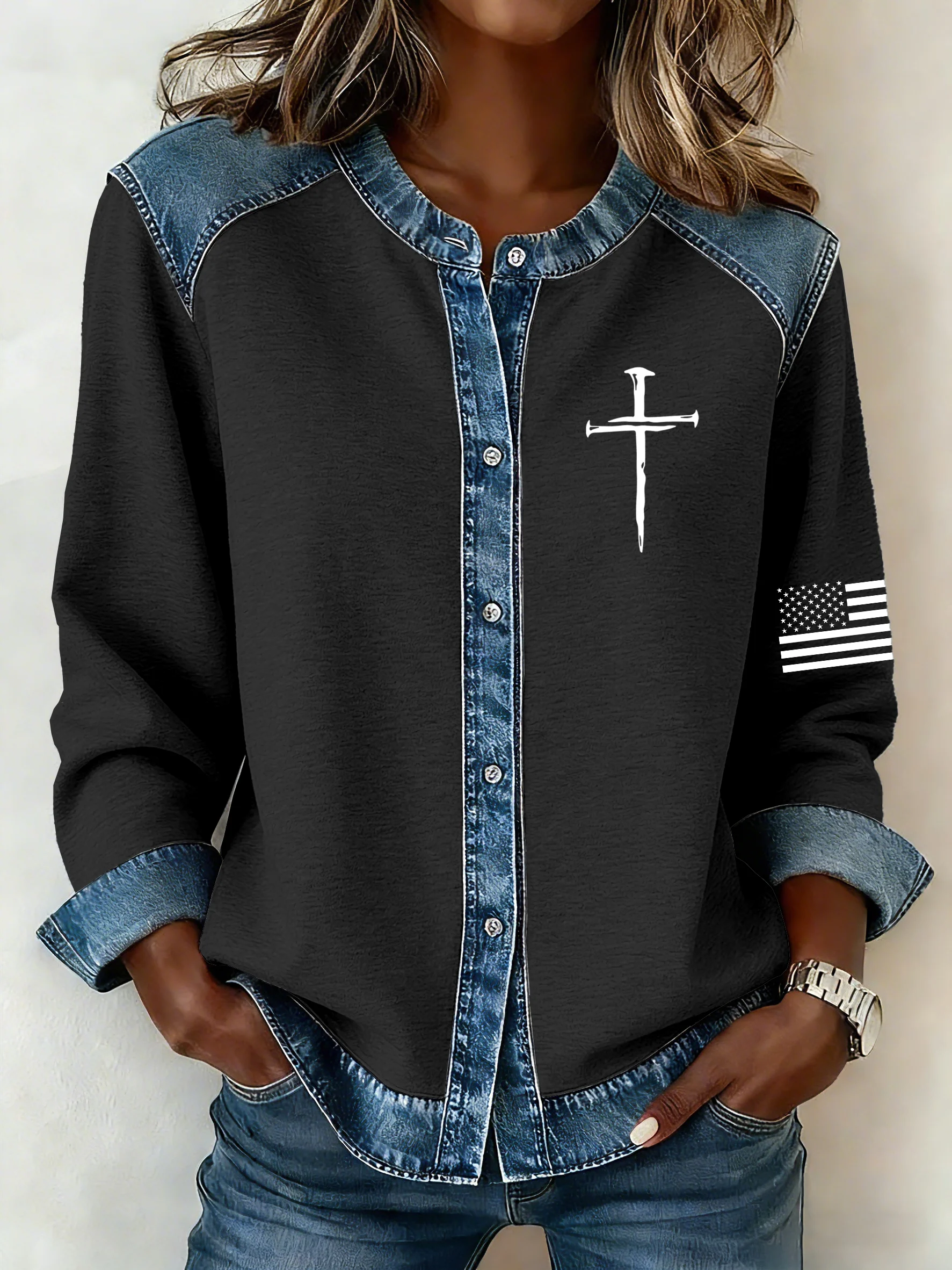 Women's Vintage Faith Cross Button Design Sweatshirt