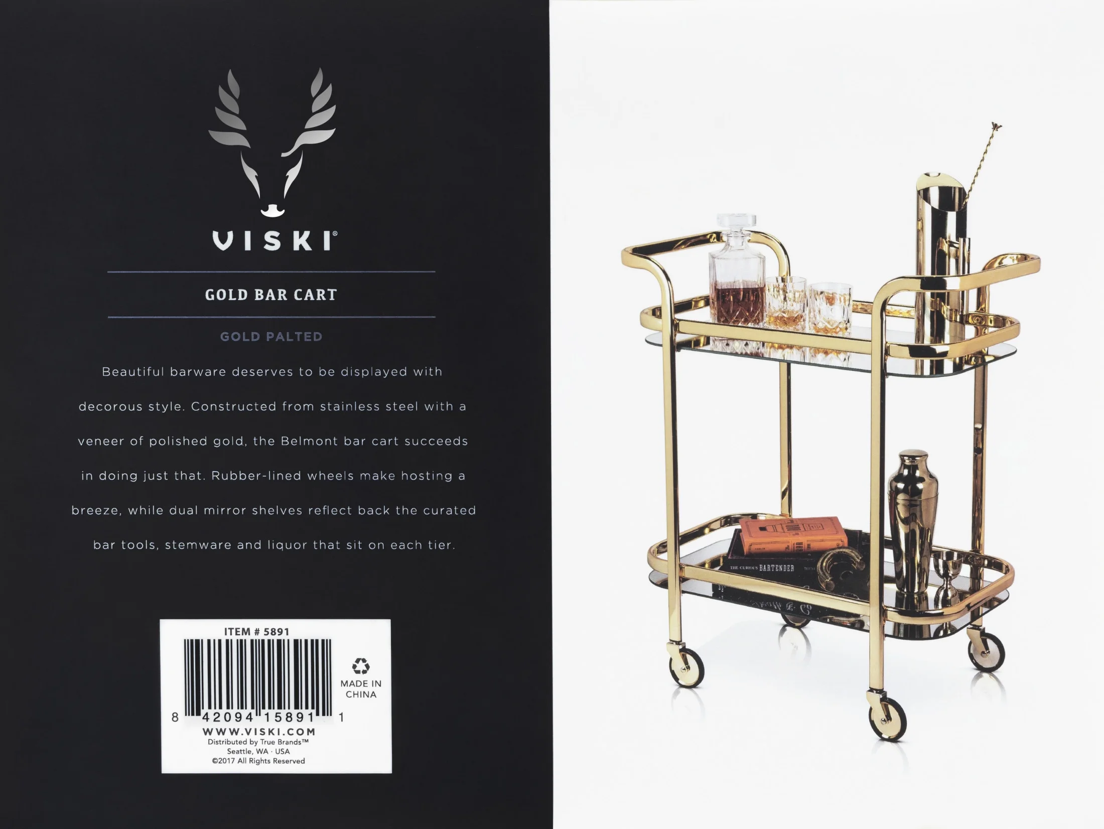 Viski Stainless Steel Bar Cart with Wheels, Mirror Shelves, Home Bar, Gold - Image 7