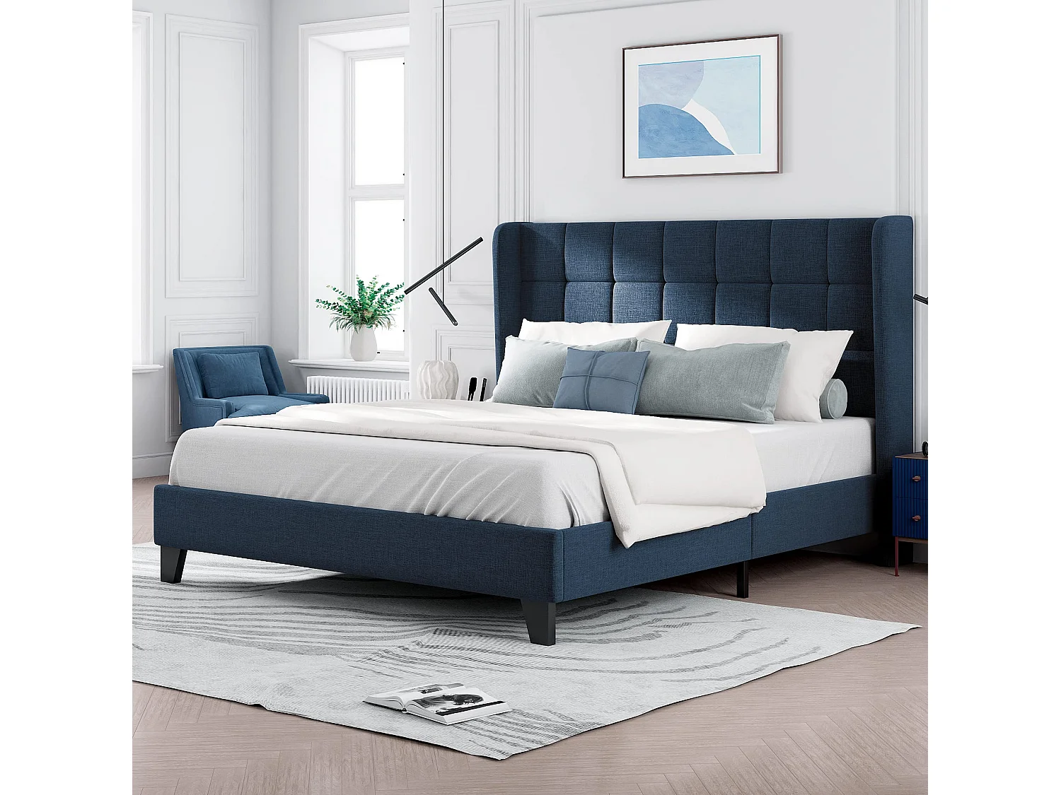Lit capitonné lit adulte avec tête de lit - 140 x 200 cm - tissu en lin - bleu