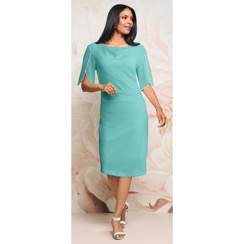 Tulip-Sleeved Stretch-Sheath Dress with Faux Pearl Trim - MIDNIGHT VELVET CATALOG