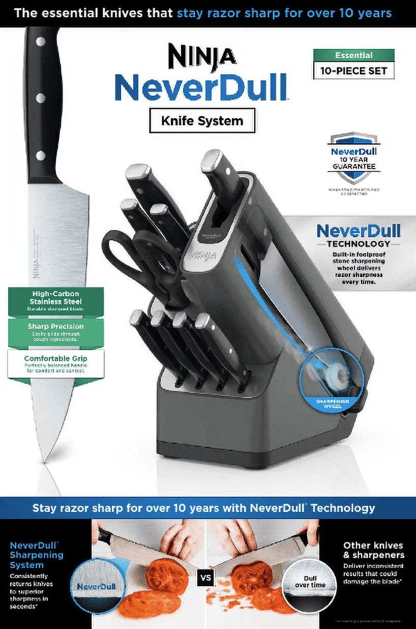 Ninja Foodi NeverDull 10-Piece Stainless Steel Essential Knife System with Sharpener, K12010 Black/Gray - Image 8
