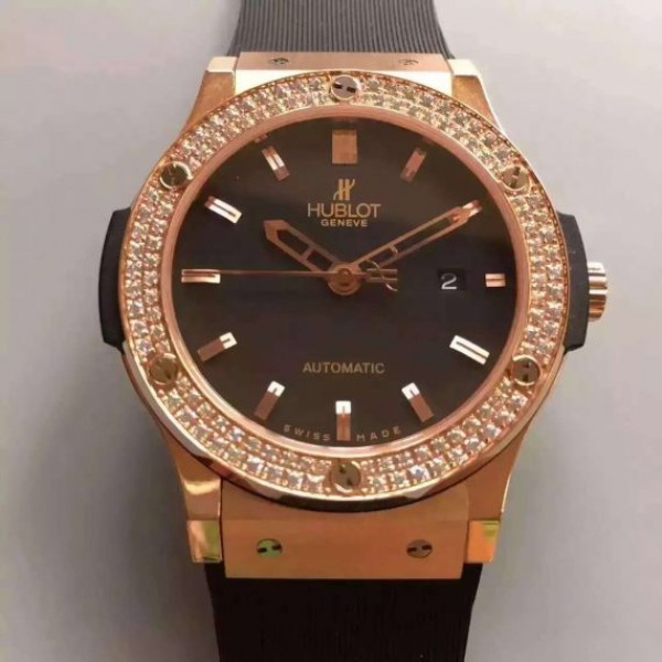 Replica Hublot Big Bang Classic Fusion RG Black Dial Diamonds Bezel Rubber Strap A2824 - Elite Watch Atelier