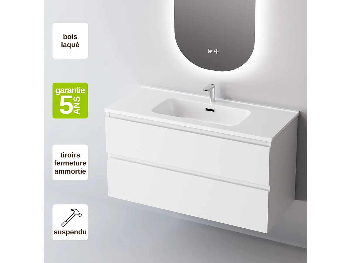 Meuble Salle de Bain STEP 60cm, Plan Vasque Céramique, 2 Tiroirs, Laqué Blanc Mat, H 54cm x P 45cm