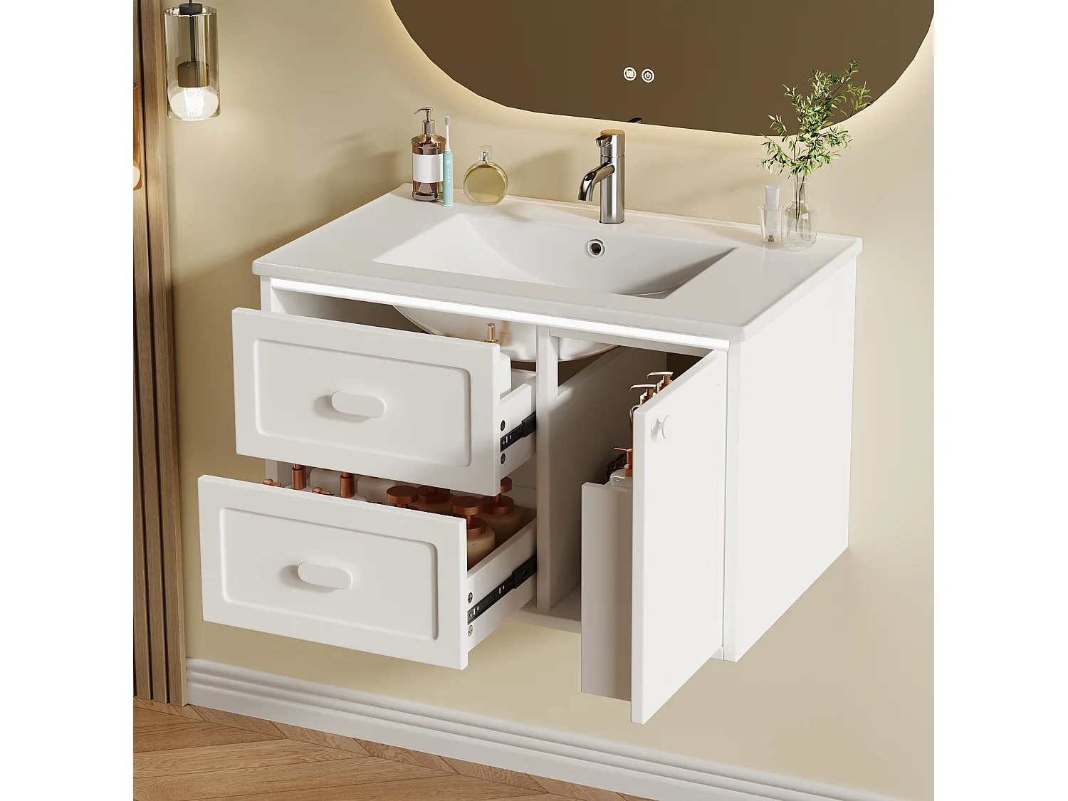 Meuble de salle de bain suspendu avec 2 tiroirs et LED - Blanc