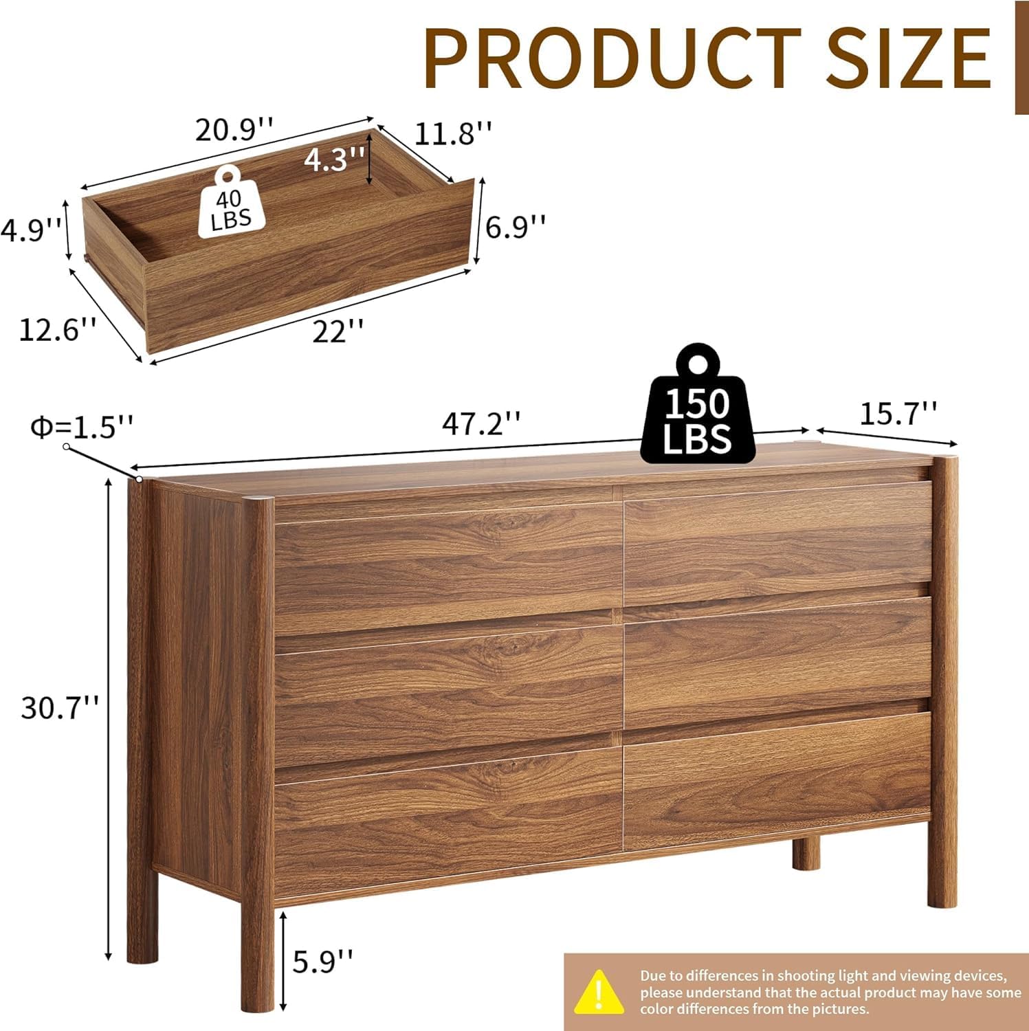 CHUWELL 6 Drawer Walnut Dresser for Bedroom, 47