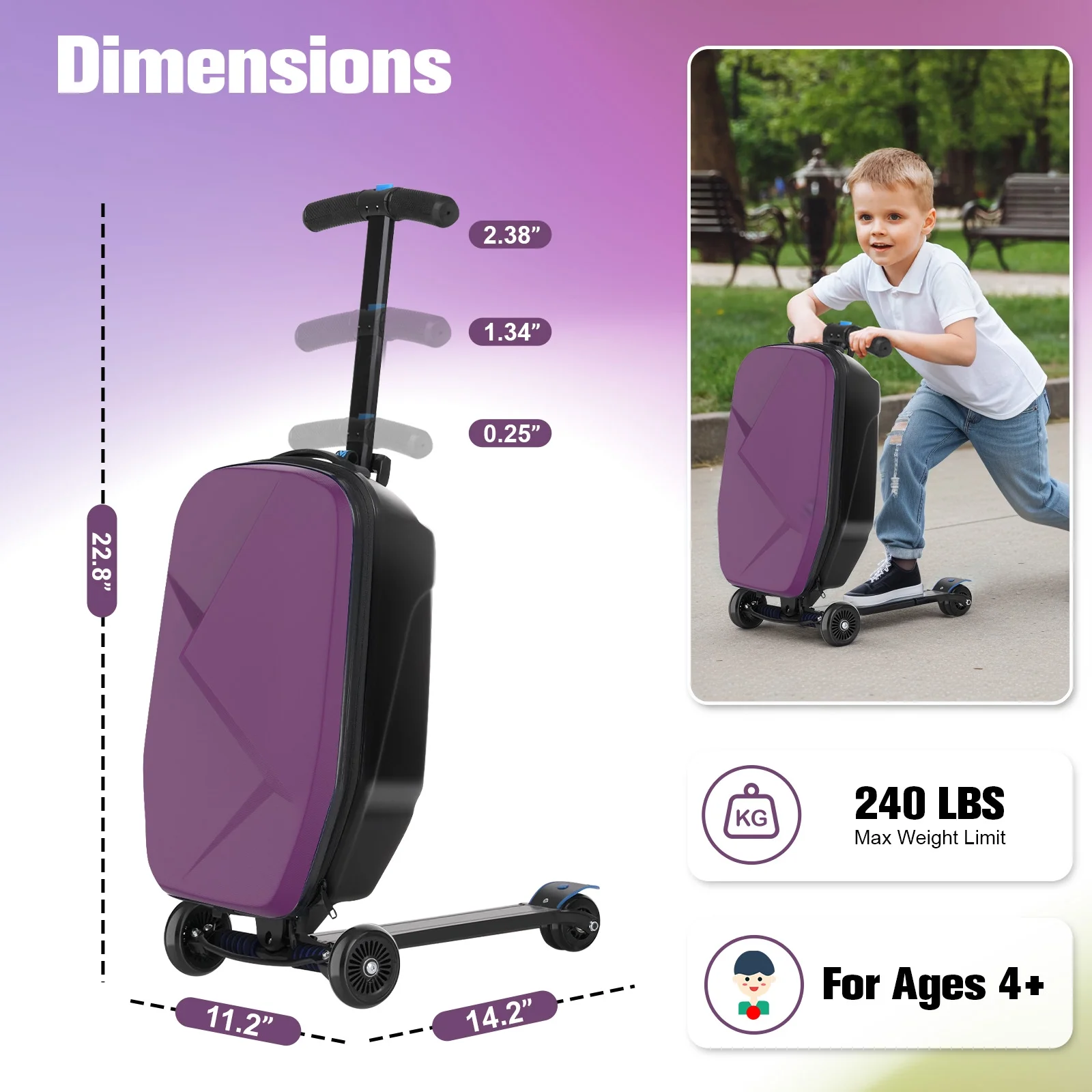 Advwin Scooter Luggage for Kids & Adults, Hardside Ride on Suitcase for Kids Ages 4-15 Multifunctional Lightweight Foldable Carry on Luggage with Wheels Ride on for Children Teenagers, Pink - Image 29