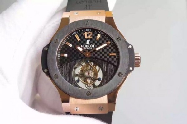 Replica Hublot Big Bang Tourbillon RG Black Textured Dial Black Rubber Strap - Elite Watch Atelier