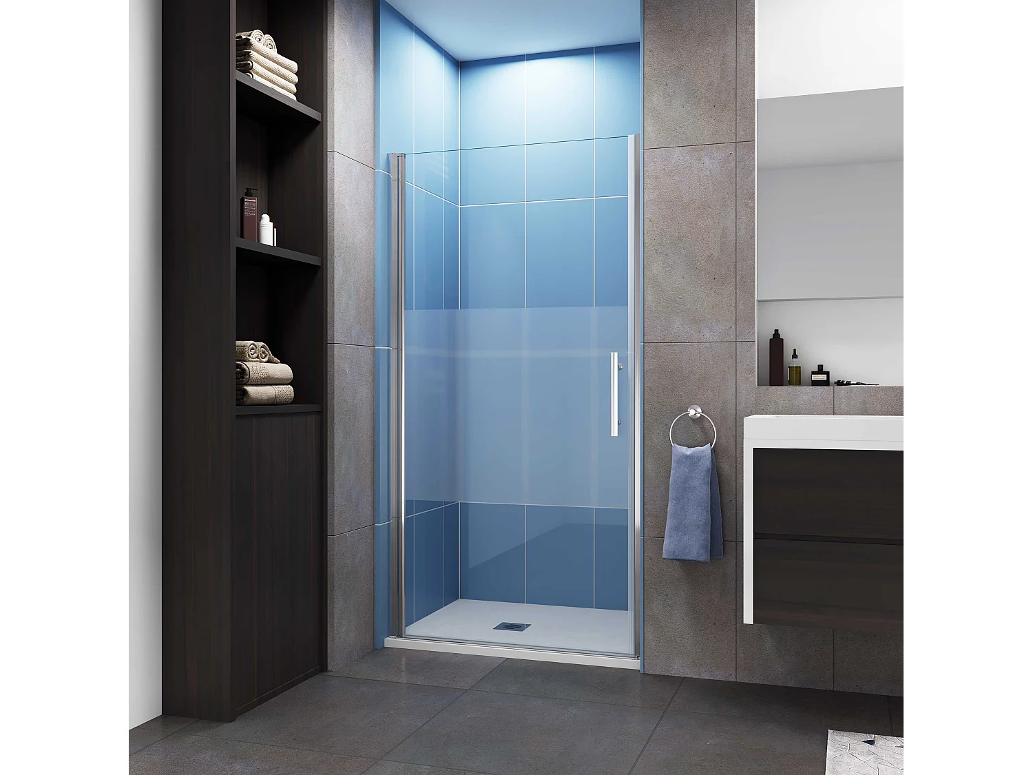 Aica Porte de Douche Pivotante Chrome L90xH185cm en verre bande central Dépoli ,6mm Verre Anticalcaire Pivotant à 90°—Installation à gauche en niche
