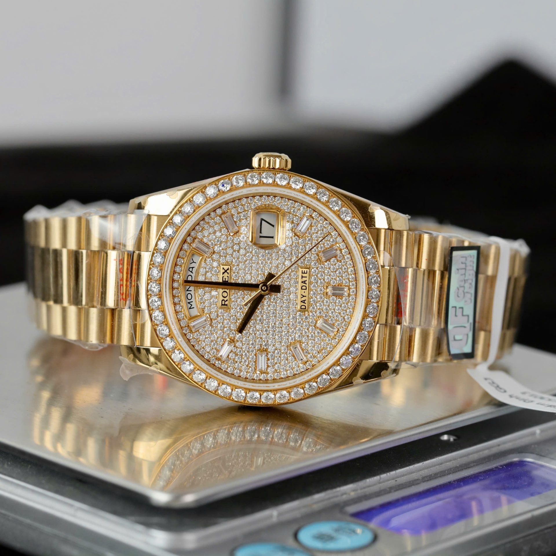 Rolex Day-Date Best Copies Watch 18K Gold Wrapped + Moissanite Diamonds Weight 159Gram QF 36mm - Elite Watch Atelier