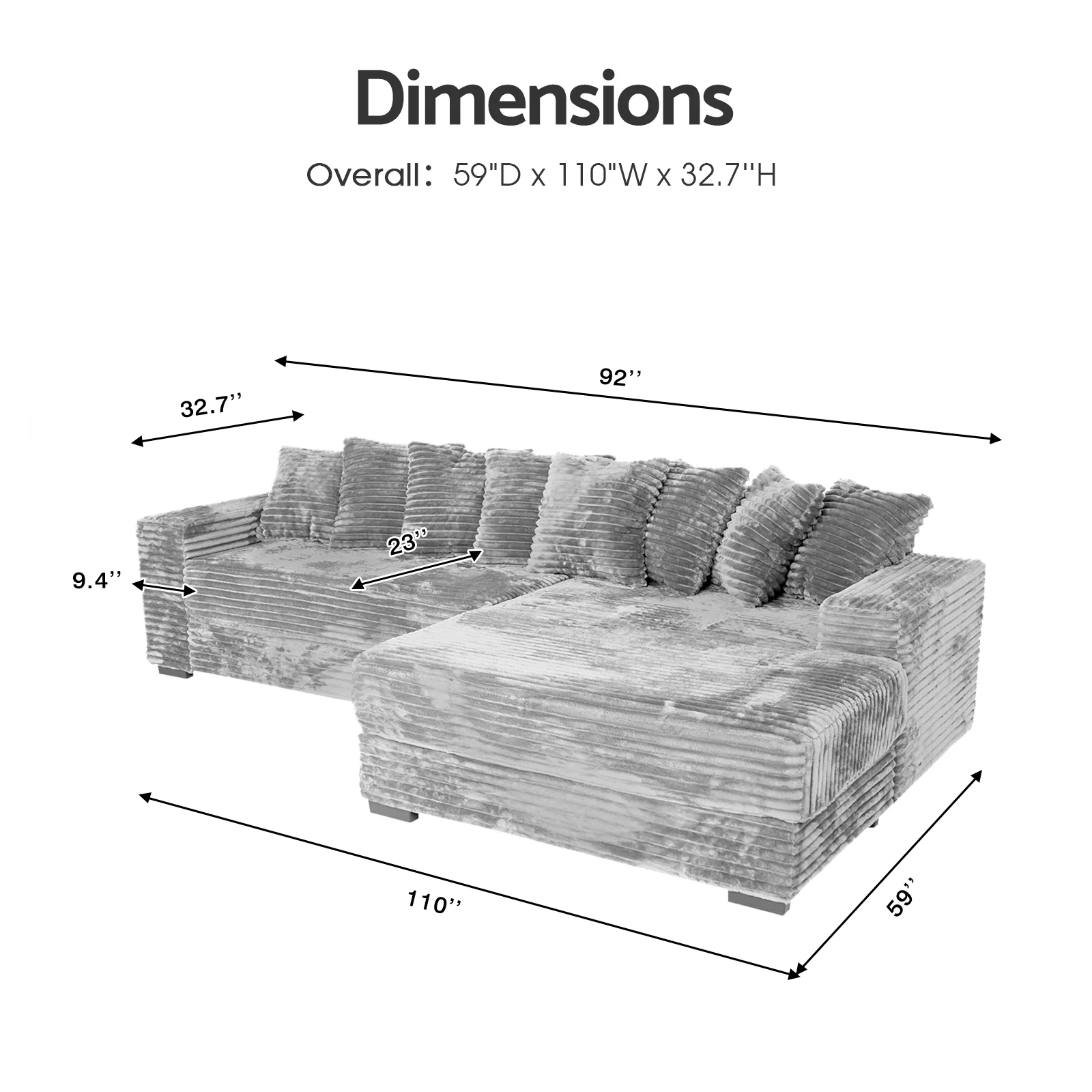 Advwin 110" Oversized L Shaped Sofa with Chaise, Comfy Plush 2-Piece L-Shaped Sectional Couches with 8 Pillows, Soft Fluffy Upholstered Sofa Bed for Living Room Apartment Bedroom, Light Gray - Image 8