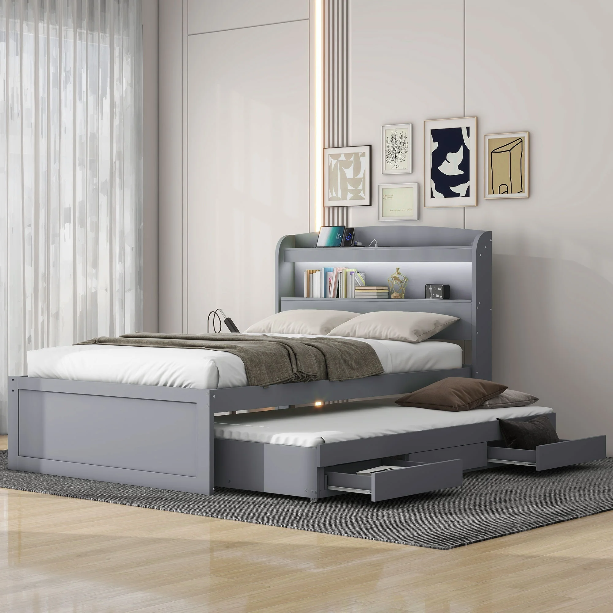 Euroco Wood Twin XL Platform Bed with Trundle and Drawers, Storage Headboard with LED Light and USB Charging for Kids, Gray