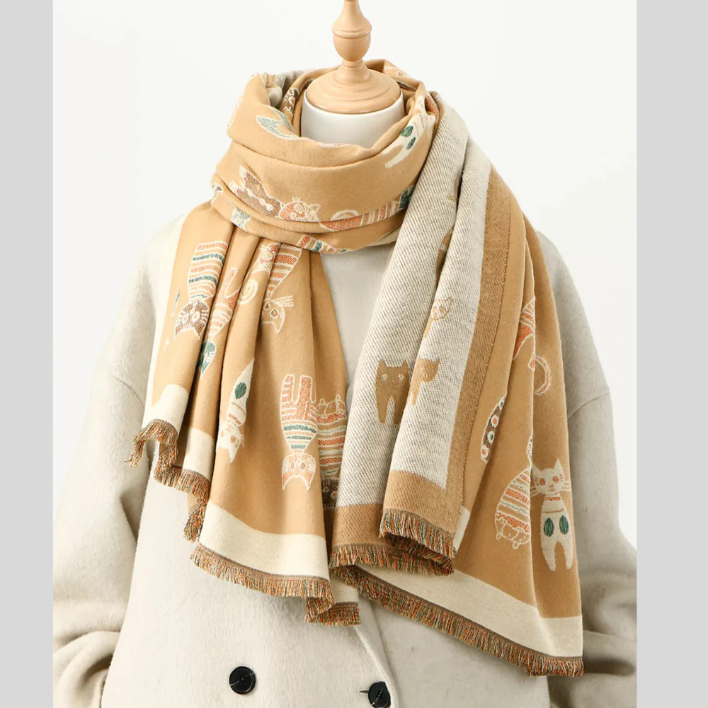 Cute Cat Pattern Raw Hem Scarf - ZKZOOK