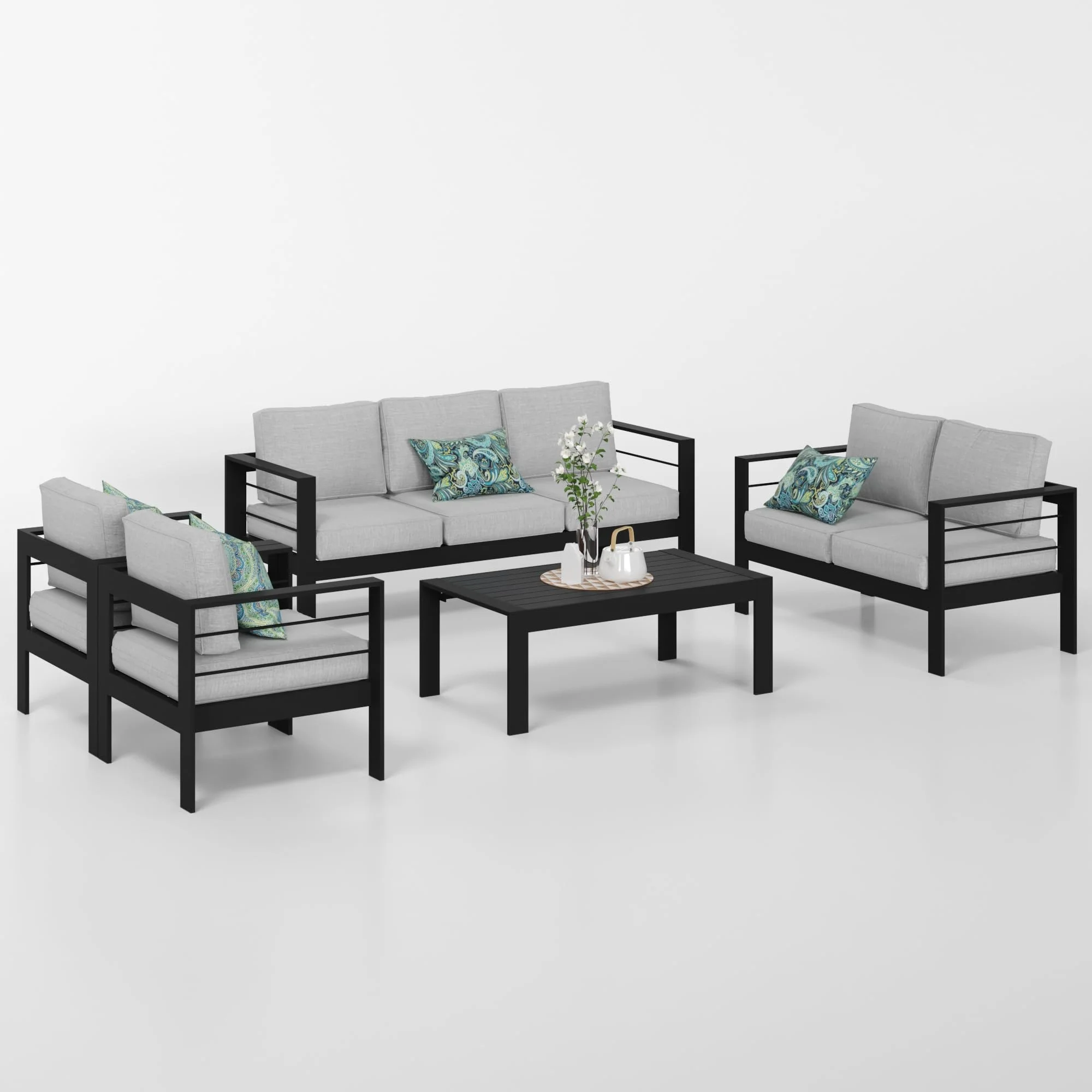 CozyHom 5 Pcs Outdoor Patio Aluminum Furniture Sofa Sets, Outside Patio Conversation Couch Sets With Table&Cushions for Garden Porch, Gray - Image 48