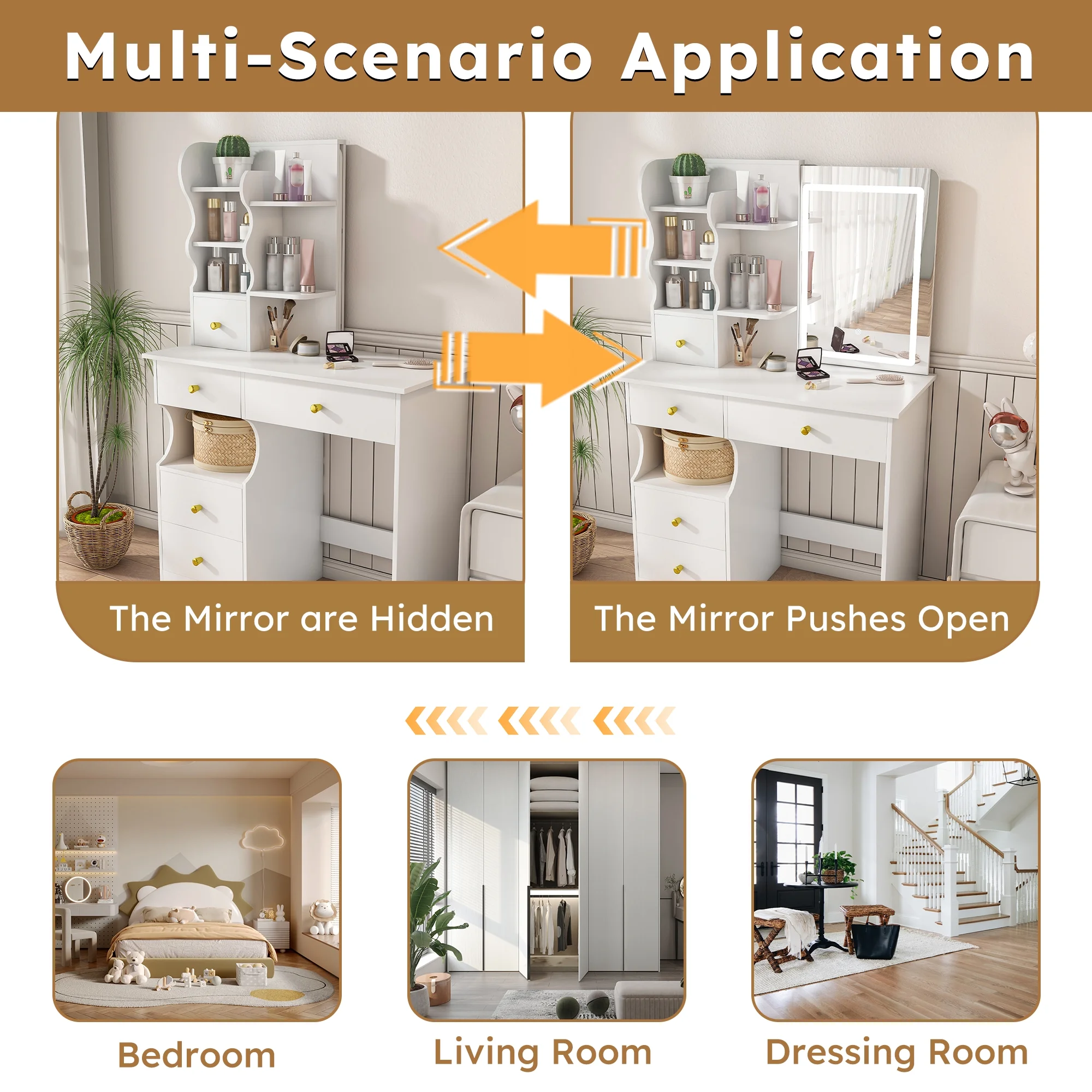 Montary Modern Mini Vanity w/Adjustable LED Mirror + Hidden Storage, Padded Stool & Dustproof Shelves (White) - Image 36