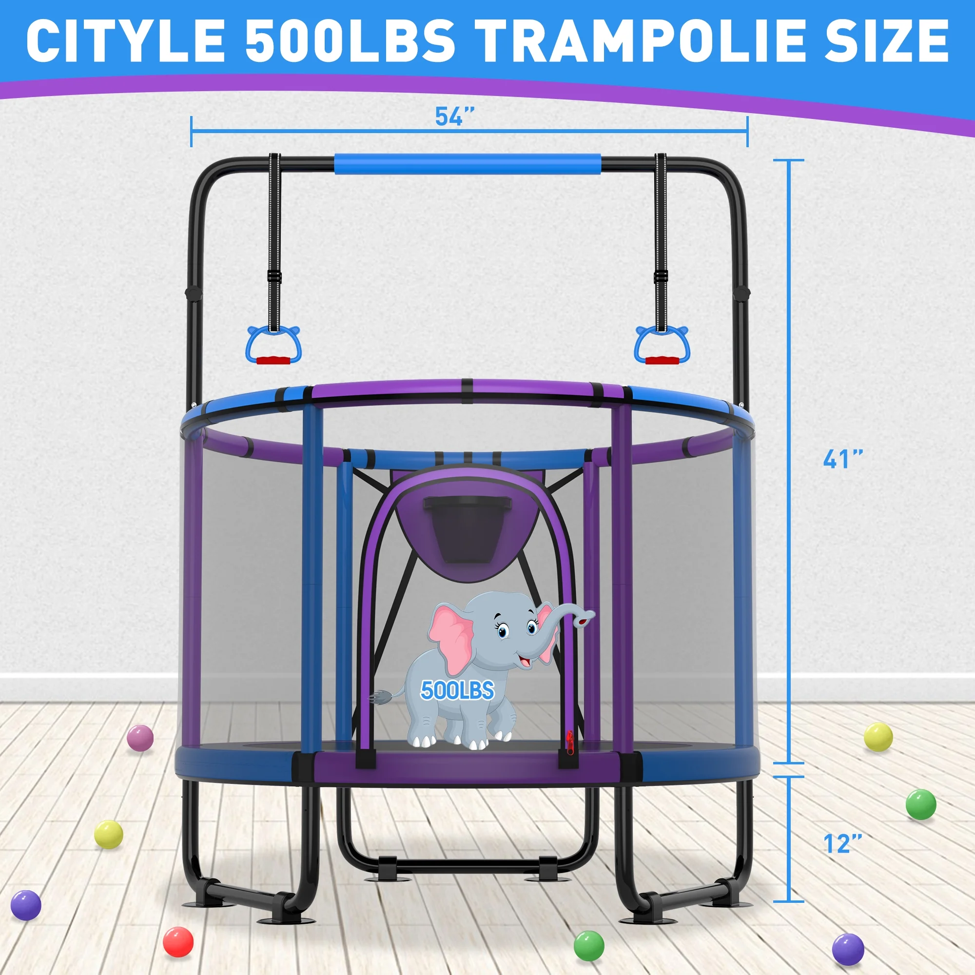 CITYLE Trampoline for Kids 600LBS 60'' 5FT Toddler Trampoline Indoor Outdoor with Basketball Hoop, Swing, Adjustable Bar, Mini Small Trampoline with Enclosure, Gifts for Toddlers, Boys & Girls - Image 44