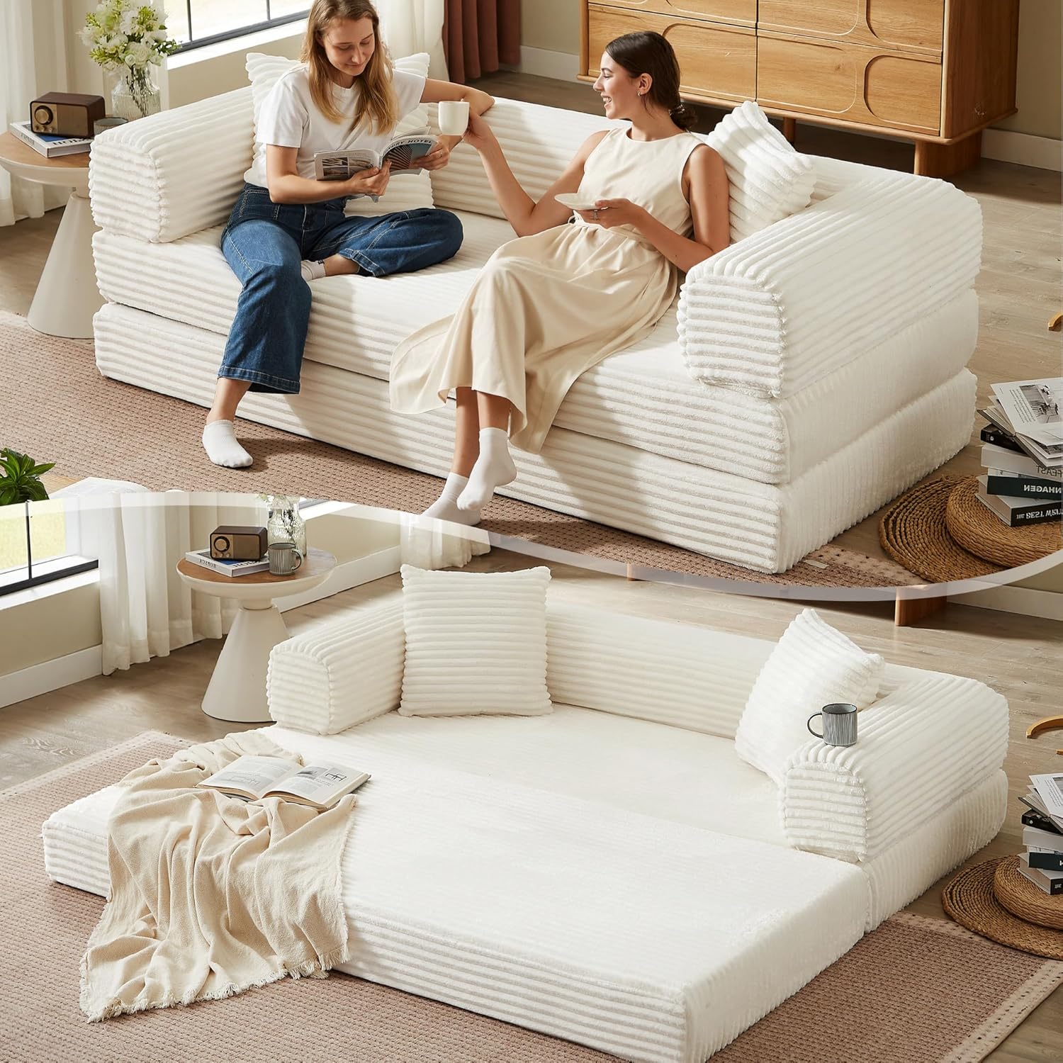 Boneless Couch Versatile Couches for Living Room No-Install Sofa Bed Corduroy Futon Soft Cloud Couch with Pillows for Bedroom Game Movie (White, 76