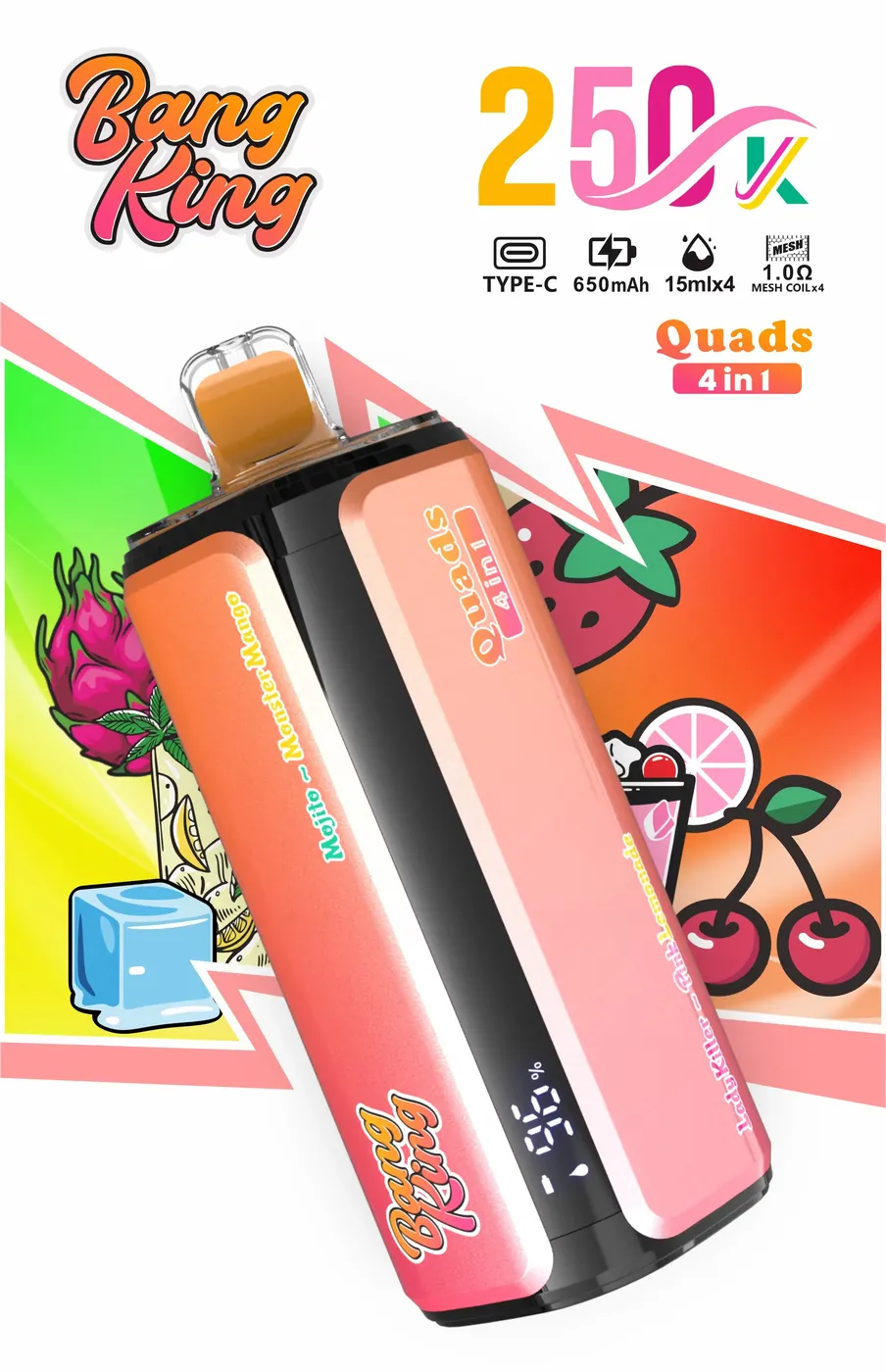 VAPSOLO BANG KING 250 000 puffów Quads 4in1 – różowo-złote urządzenie z ekranem