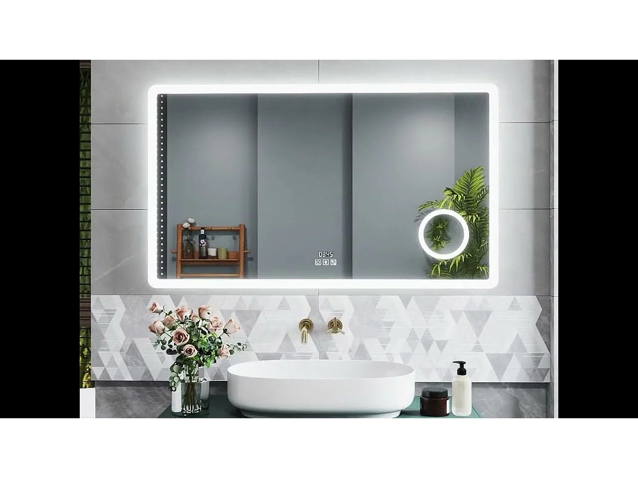 Miroir Lumineux avec Bluetooth 120 x 70cm, Horloge + 3 Couleurs + Dimmable + Anti-buée + grossissant 3x，Mural Miroir Salle de Bain