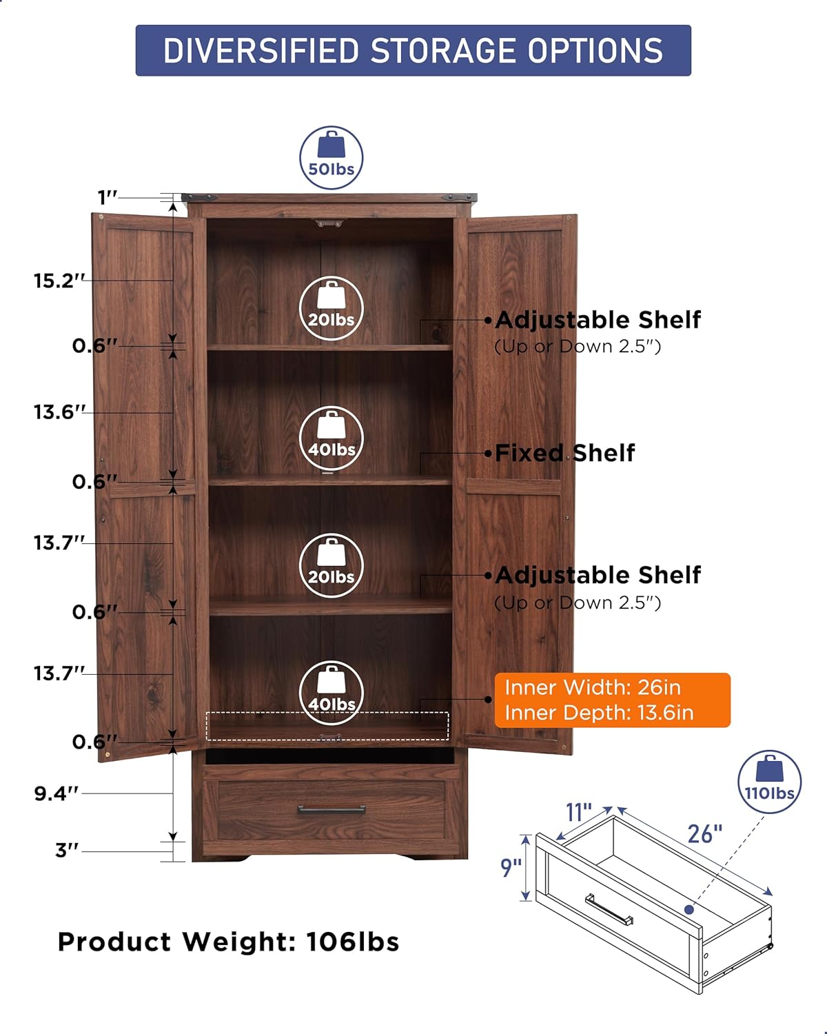 JXQTLINGMU Farmhouse Kitchen Pantry Cabinet - 72