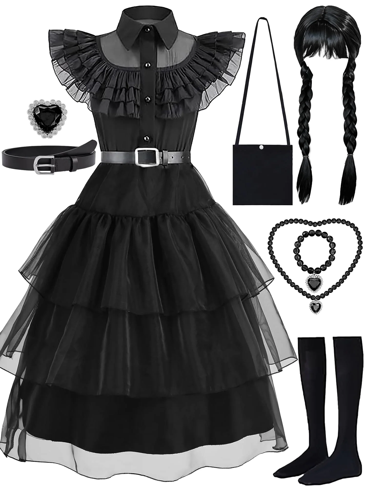 Girls Halloween Costume Fancy Dress with Wig Black for Kids Carnival Party 7-8 Years