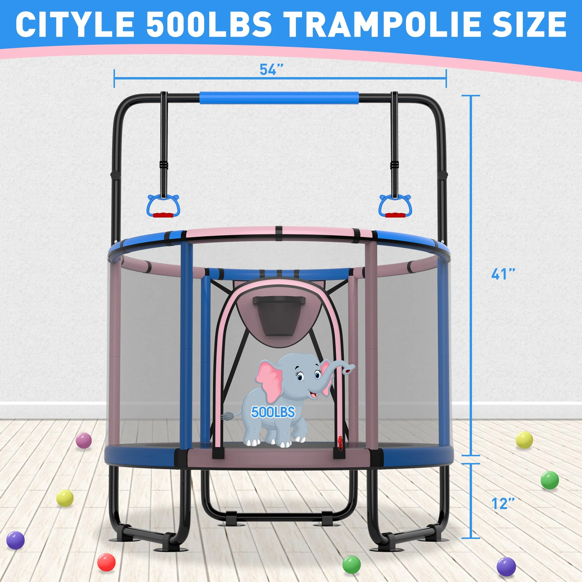 CITYLE Trampoline for Kids 600LBS 60'' 5FT Toddler Trampoline Indoor Outdoor with Basketball Hoop, Swing, Adjustable Bar, Mini Small Trampoline with Enclosure, Gifts for Toddlers, Boys & Girls - Image 19