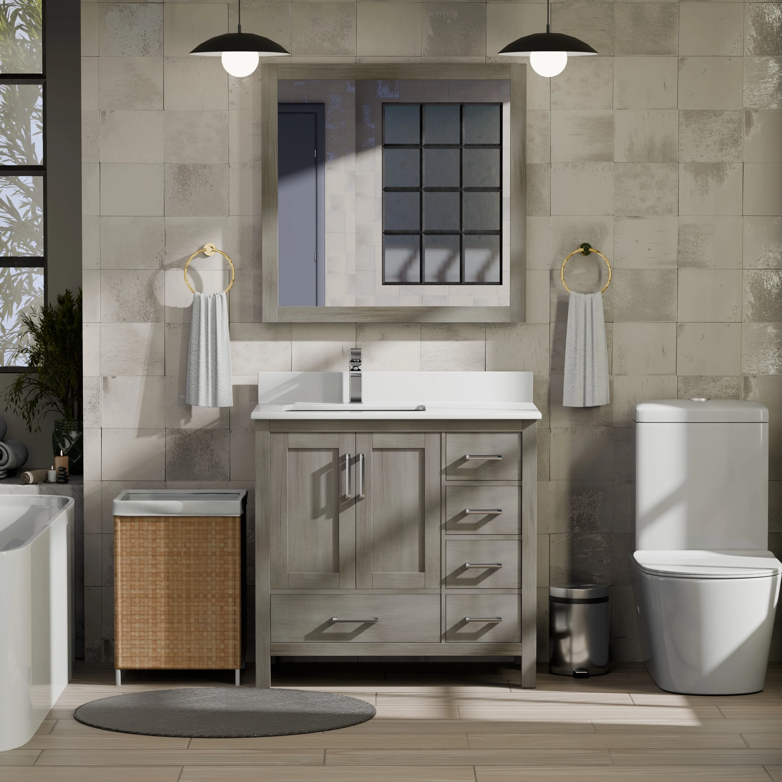 Jacques 36 in. W Left Offset Distressed Grey Bath Vanity and Cultured Marble Top