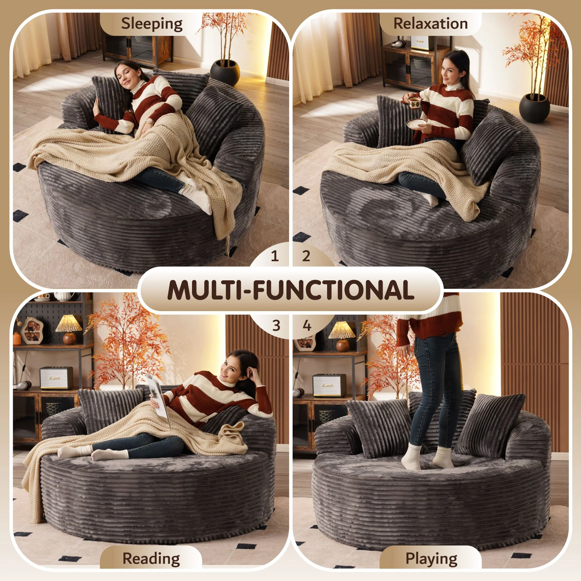 Ovios 58'' Oversized Chaise Lounge Indoor Chair Modern Cloud Floor Sofa Bed Comfy Upholstered Sleeper Couch Deep Seat Accent Reading Chair for Living Room, Bedroom, No Assembly, Black(Plush Corduroy) - Image 20