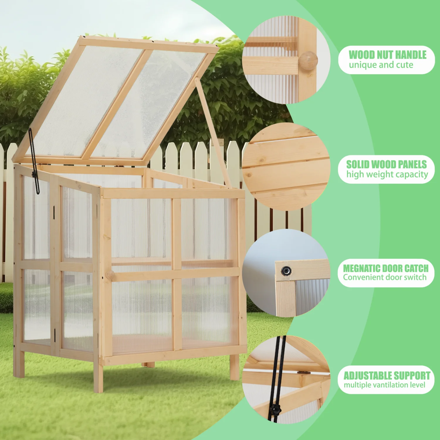 Youmumeub Wooden Cold Frame Greenhouse, 2-Tier Raised Garden Planter with Polycarbonate Panels for Season Extension, Foldable, Natural Wood - Image 5