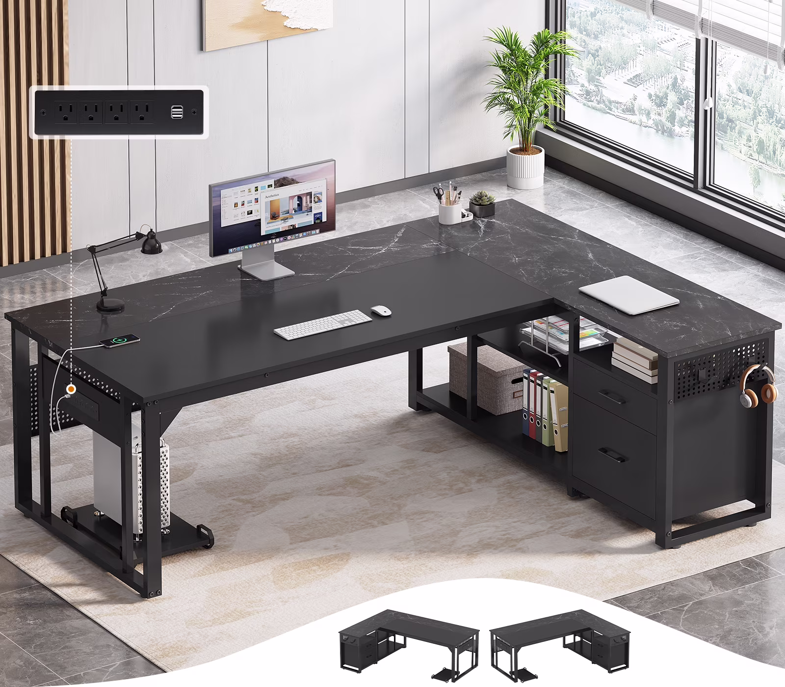 71" Executive Desk with Power Outlets, Modern L Shaped Office Desk with File Drawers and Pegboard, Large Computer Desk, Rustic Brown - Image 3