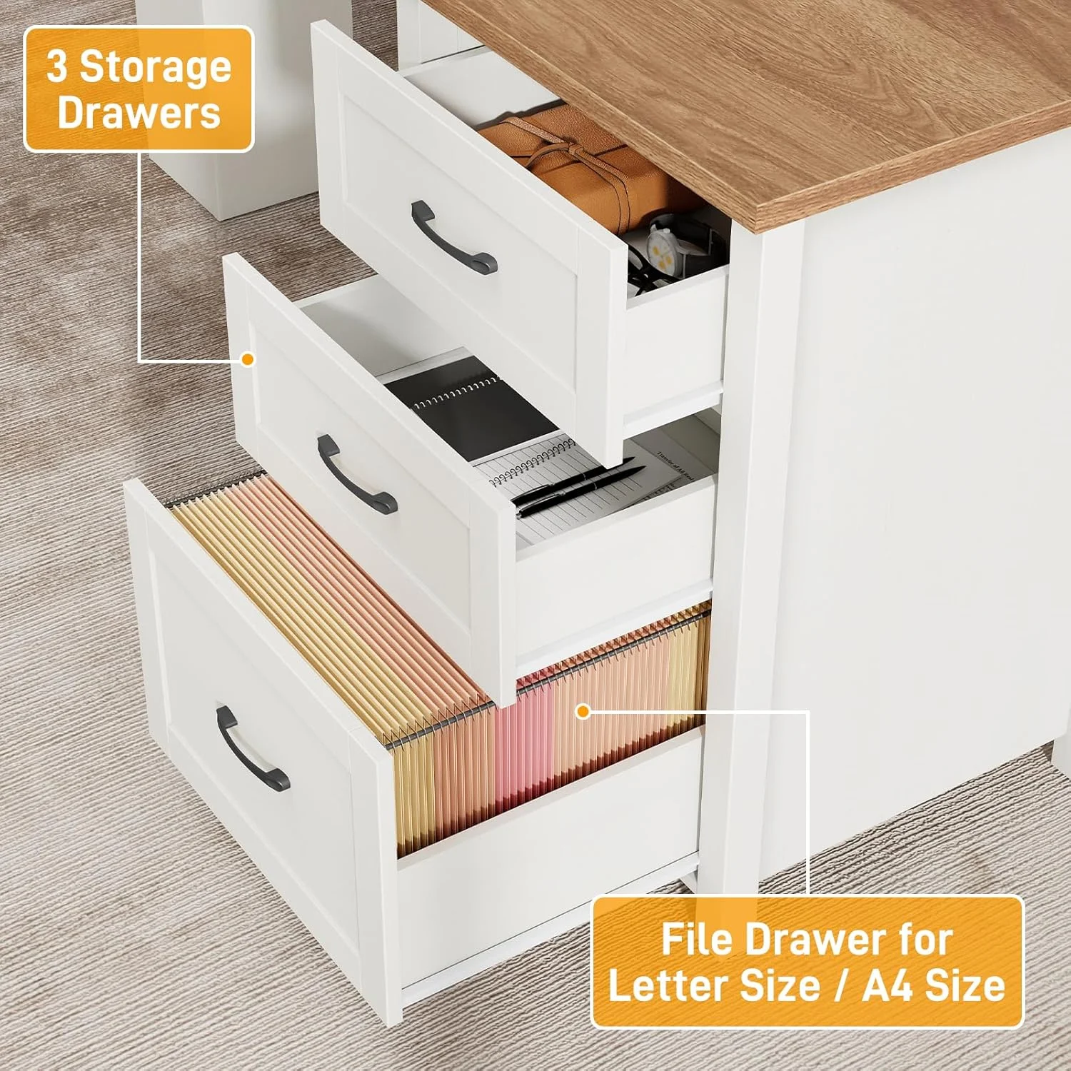 Vabches 68" H L Shaped Desk and Hutch with Storage, Office Desk with Drawers, Charging Station, Sliding Doors, Unique White - Image 5