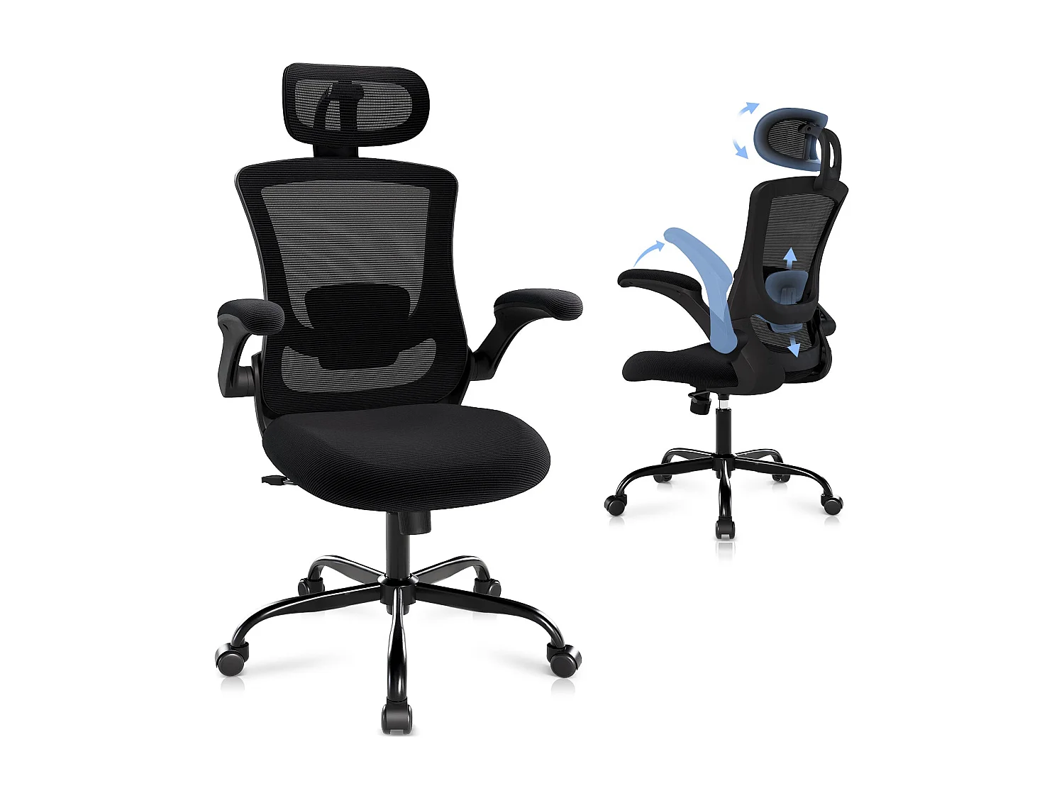 Chaise de bureau ergonomique – Dossier haut en mesh, soutien lombaire et appuie-tête réglables, accoudoirs relevables – Noir