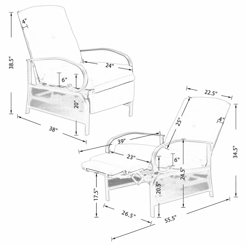 Adjustable Patio Recliner Lounge Chair With Cushion, 300 lbs - 38 (D) x 26.5 (W) x 38.5 (H) Inches - Image 11 Adjustable Patio Recliner Lounge Chair With Cushion, 300 lbs - 38 (D) x 26.5 (W) x 38.5 (H) Inches - Image 11