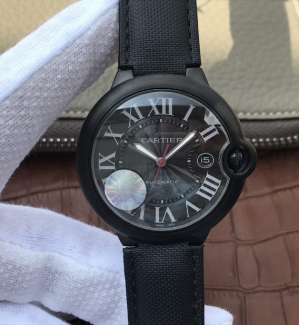 Replica Cartier JF Ballon Bleu 42mm DLC All Black Black Textured Dial Leather Strap A1847 - Top club
