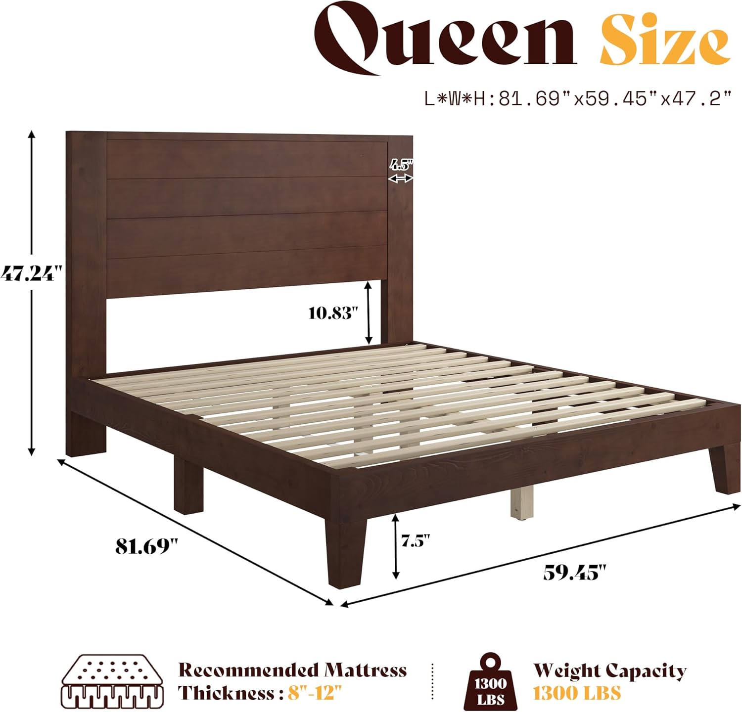 AMERLIFE Queen Sizes Solid Wood Bed Frame with 48