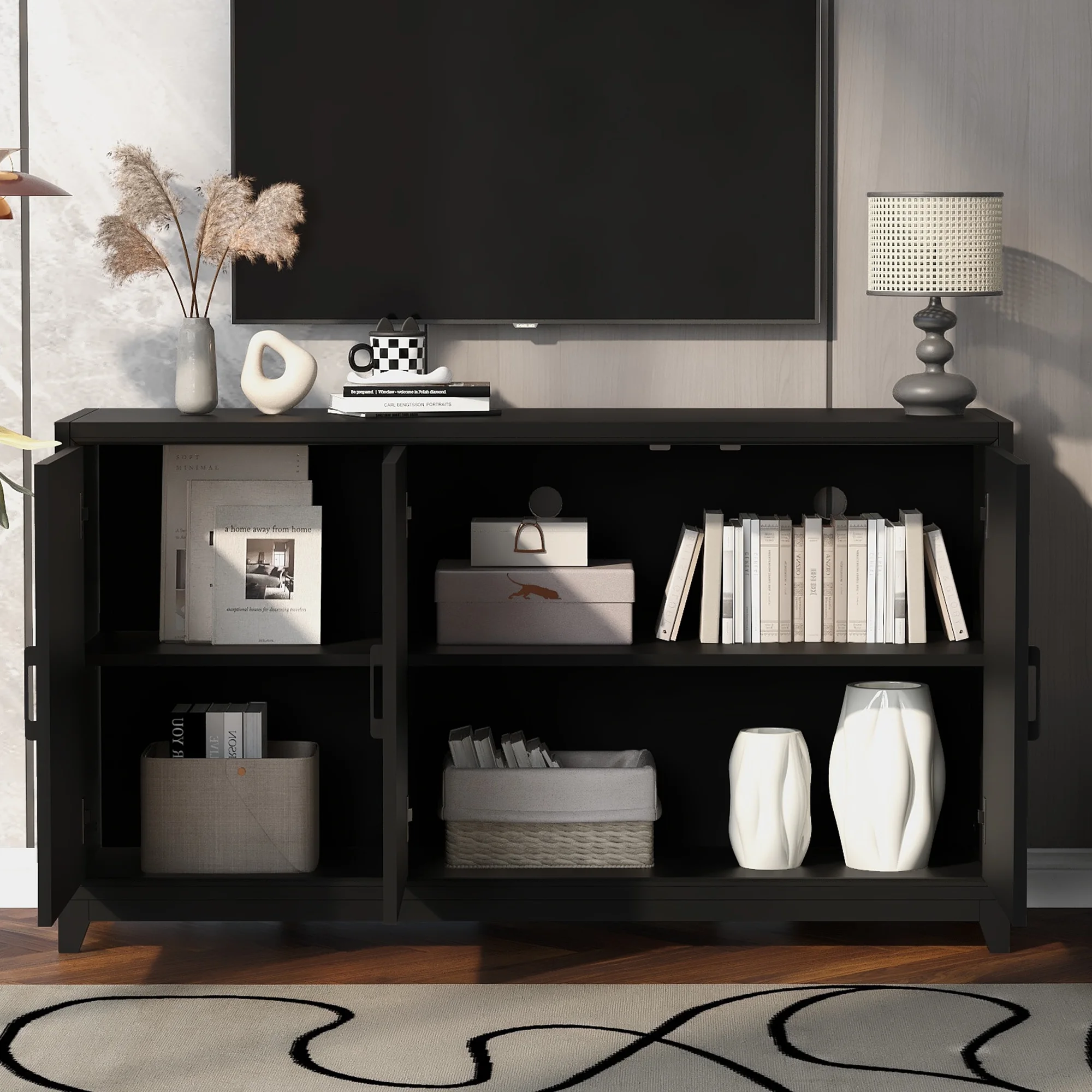 Euroco Modern TV Stand with Adjustable Shelves & Solid Wood Legs �C Media Console Cabinet with Storage for Living Room or Bedroom