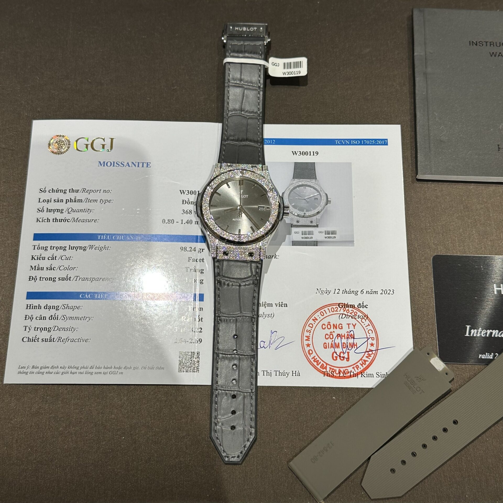 Hublot Replica Watch With Full Diamond Moissanite Diamonds Gray Dial Leather Strap 42mm - Elite Watch Atelier